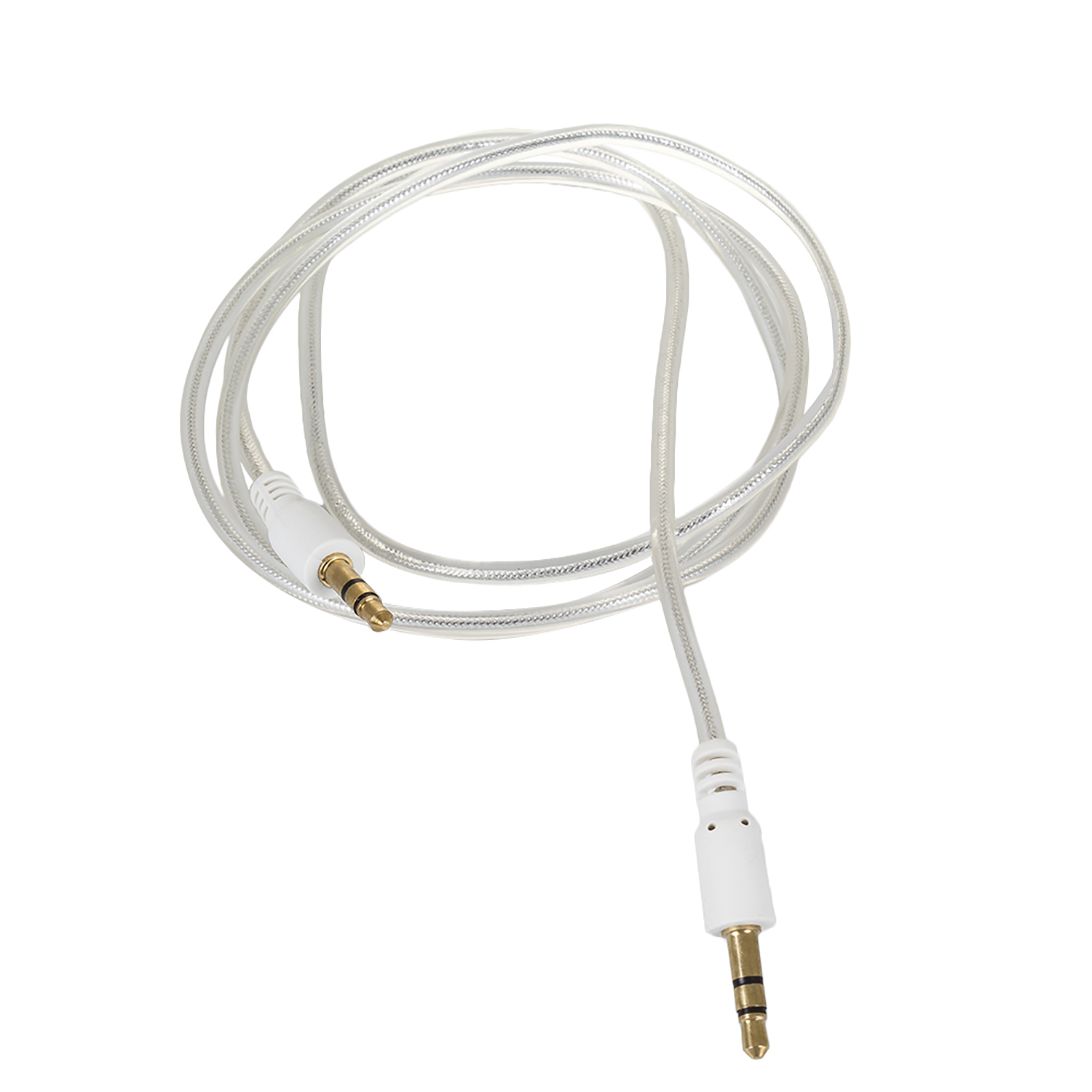 Un cable de audio blanco, enrollado, con dos conectores jack de 3,5 mm, uno con punta dorada.