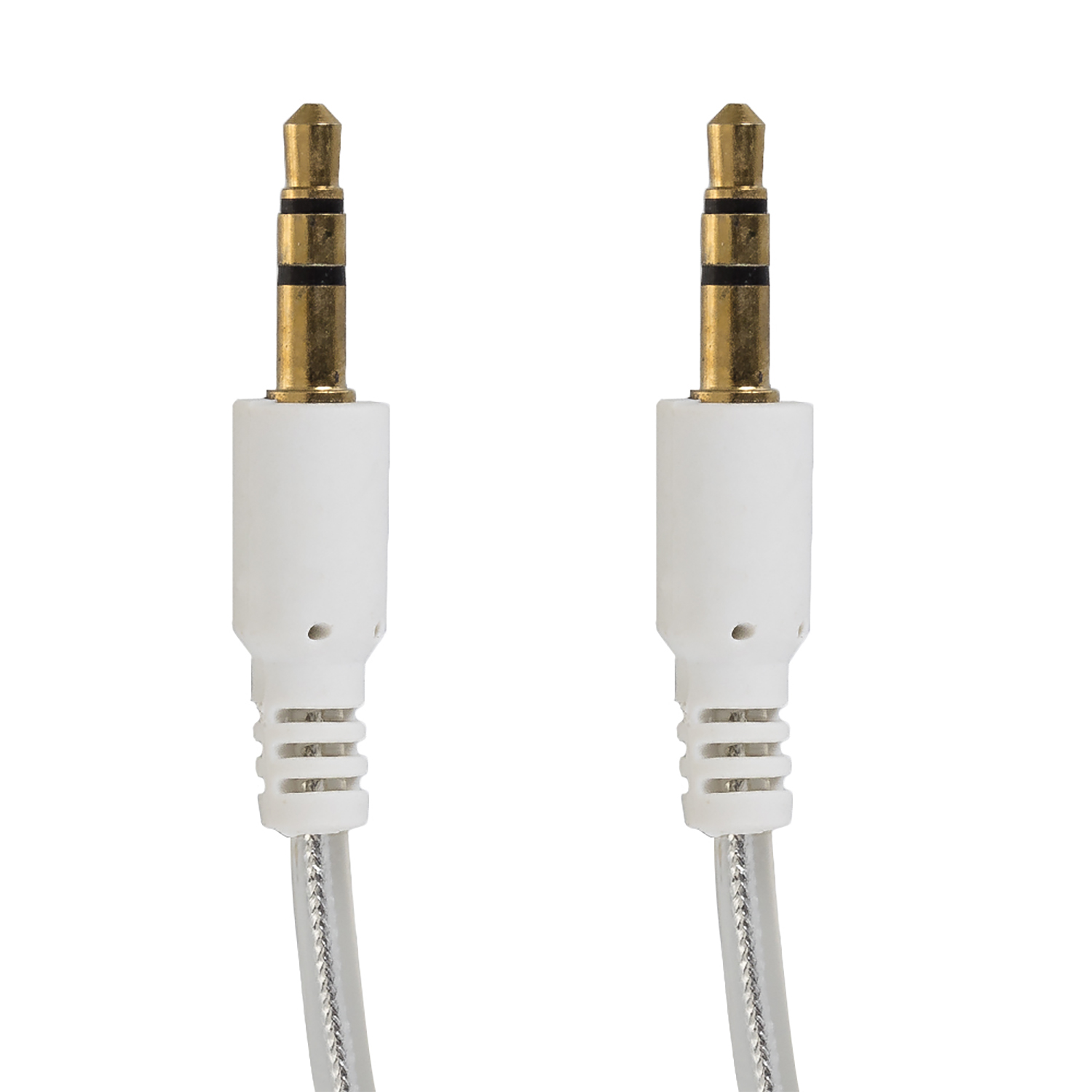 Dos conectores de audio jack blancos y dorados, primer plano. Fondo blanco.