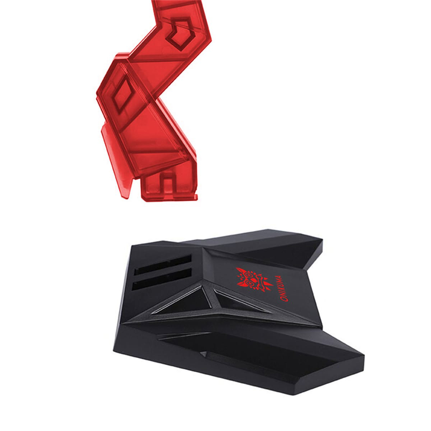 Soporte para auriculares gaming Onikuma negro y rojo con una pieza roja en la parte superior.