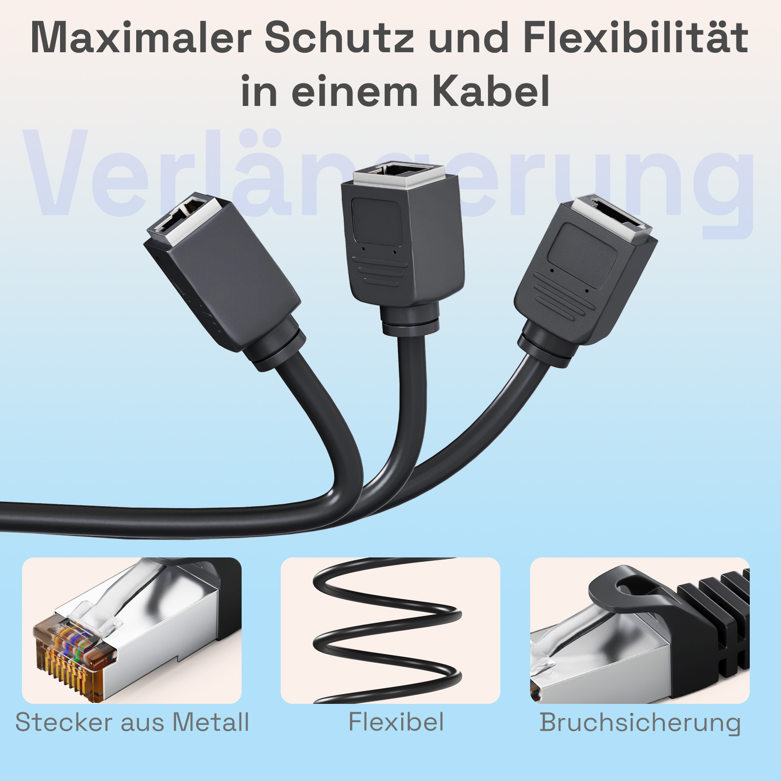 Drei schwarze Netzwerkkabel-Anschlüsse mit dem Schriftzug 'Maximaler Schutz'.