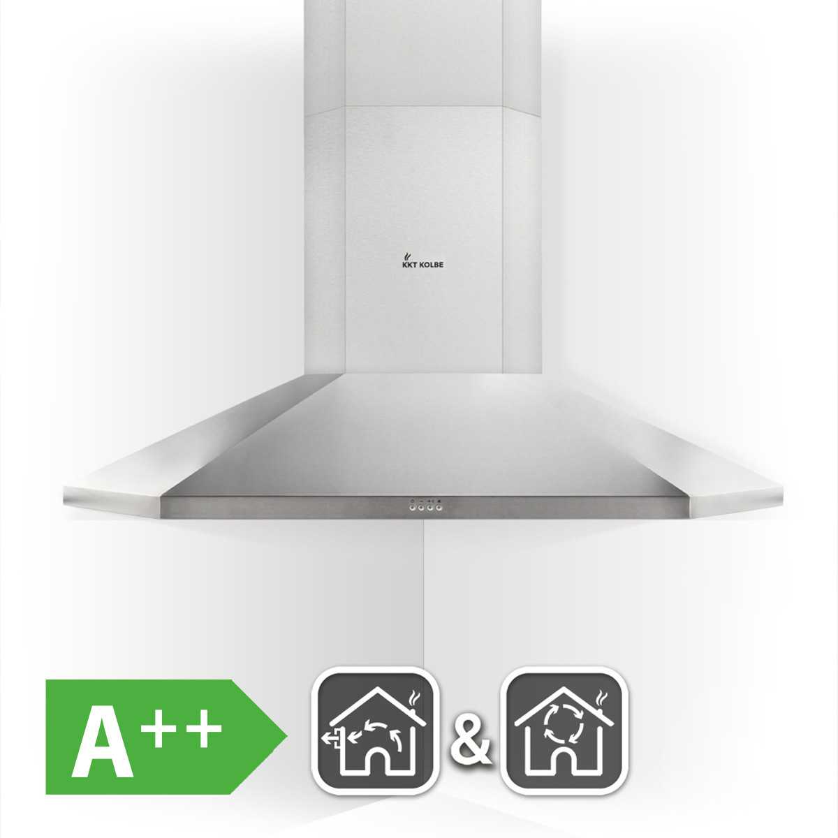Dunstabzugshaube aus Edelstahl mit Energieeffizienzklasse A++ und Symbolen.