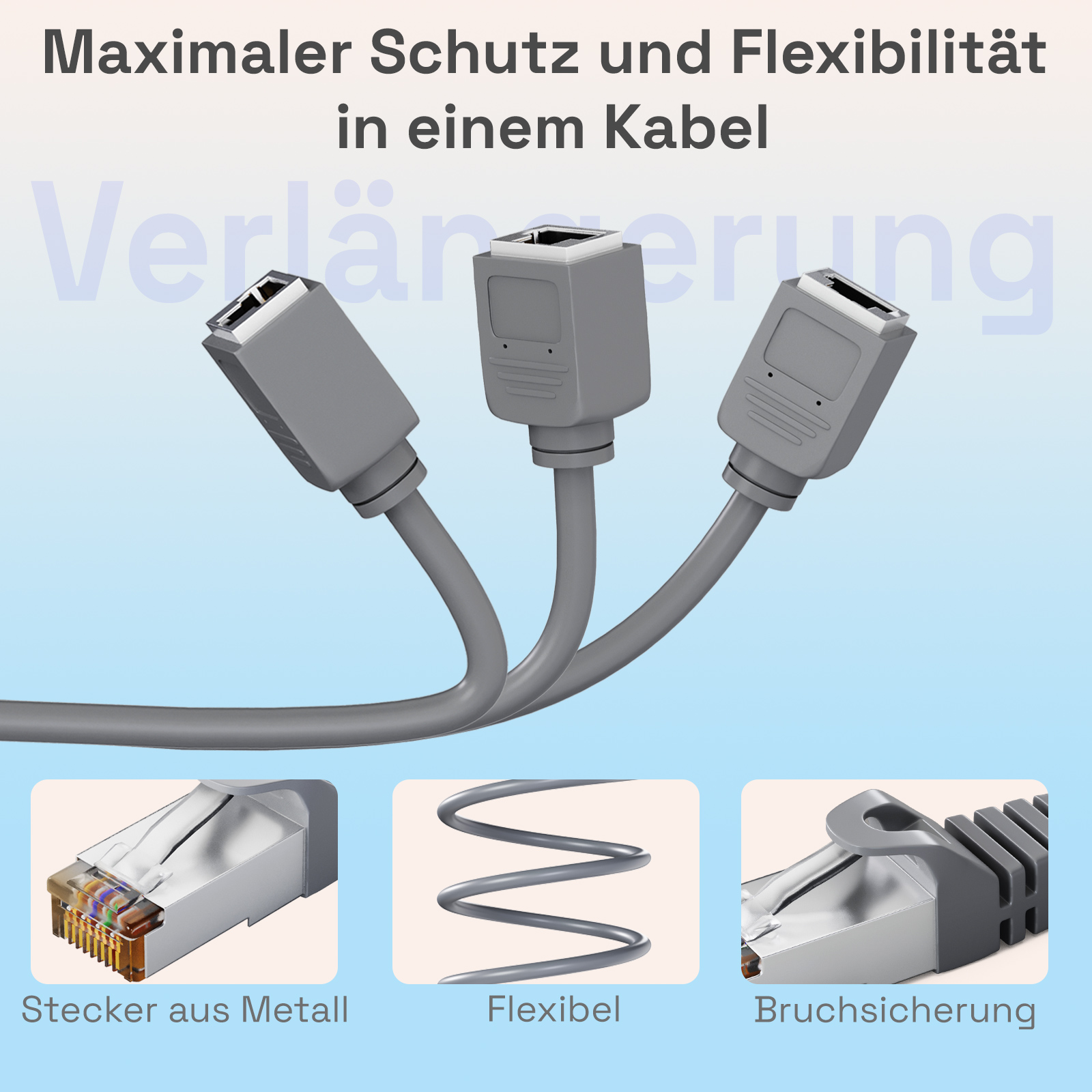 Netzwerkkabel mit drei Steckern, zeigt Metallstecker, Flexibilität und Bruchschutz.