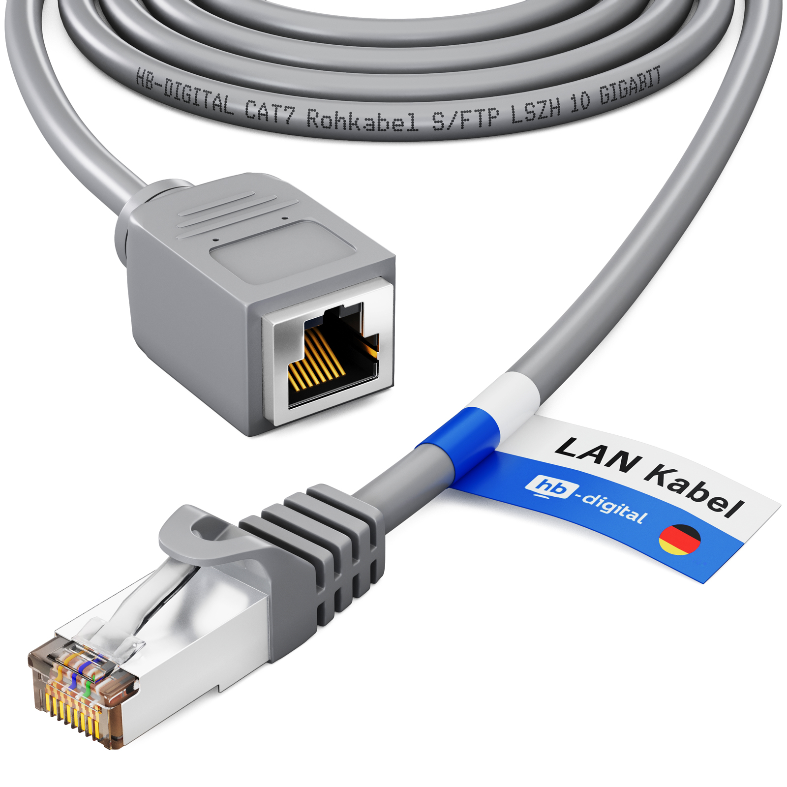 Graues Netzwerkkabel mit Steckern an jedem Ende und einem Etikett. Der Hintergrund ist weiß.