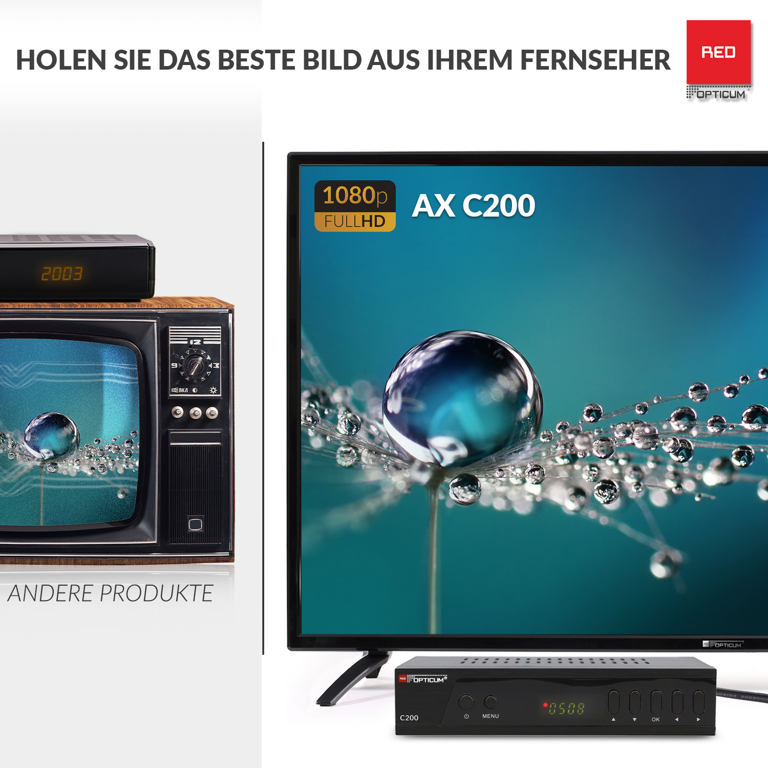 Fernseher, DVD-Player und eine schwarze Set-Top-Box. Der Fernsehbildschirm zeigt ein Bild.