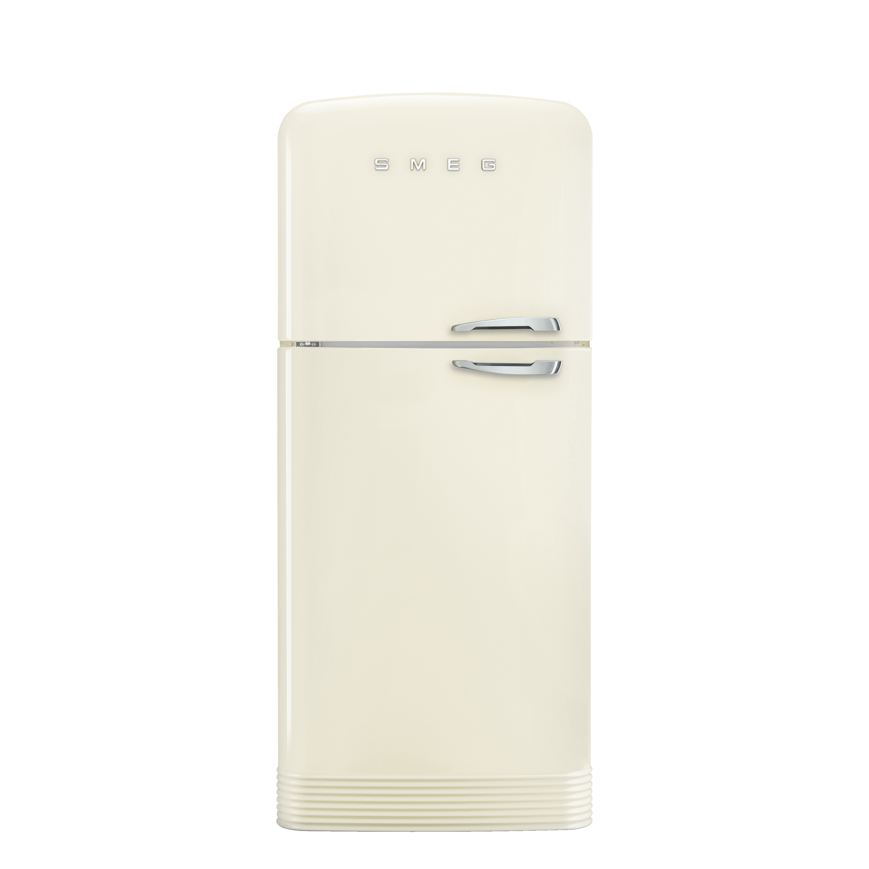Una nevera Smeg color crema con congelador en la parte superior, estilo retro clásico.