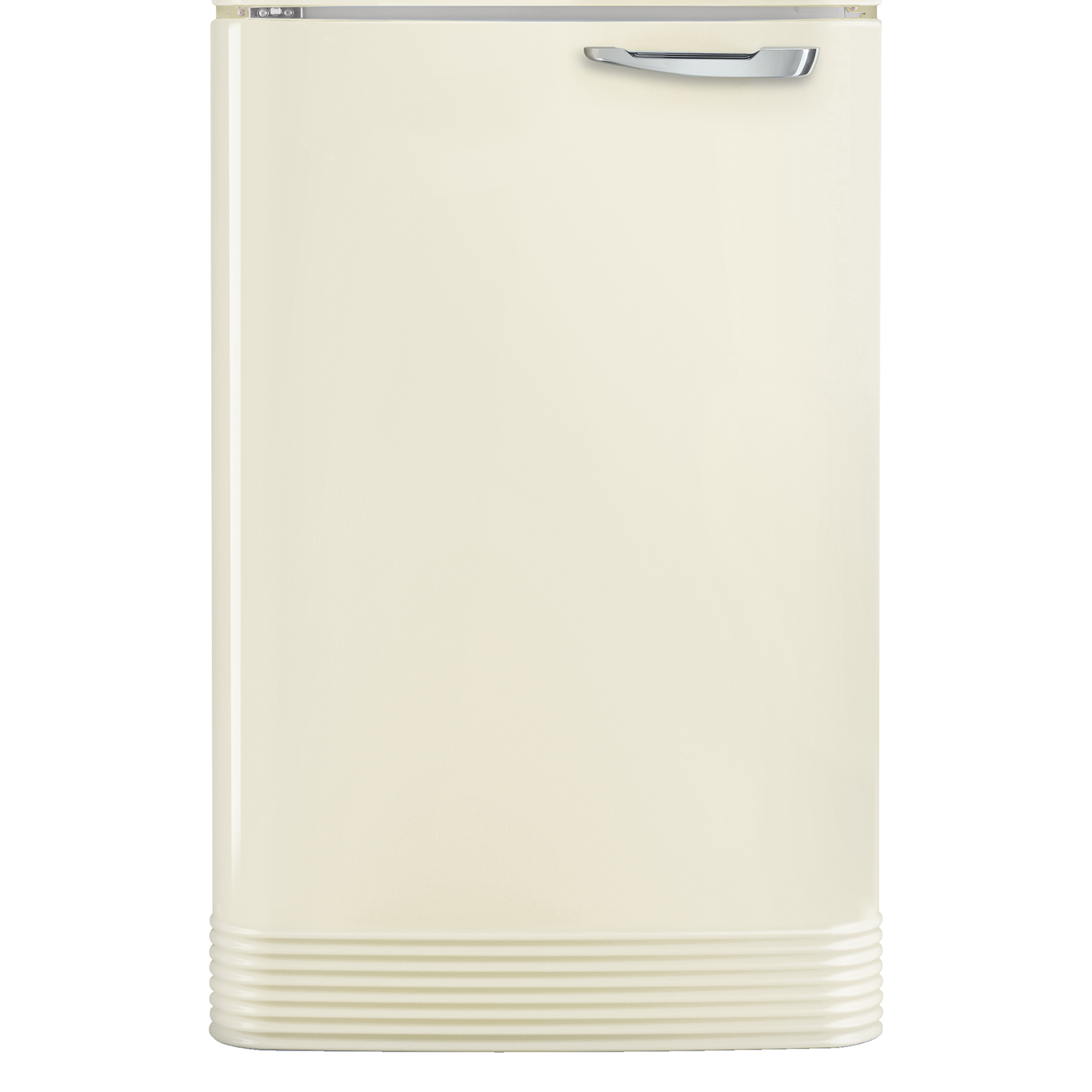 Frigorífico Smeg color crema. Vista frontal, manija y base acanalada visibles. Diseño simple.