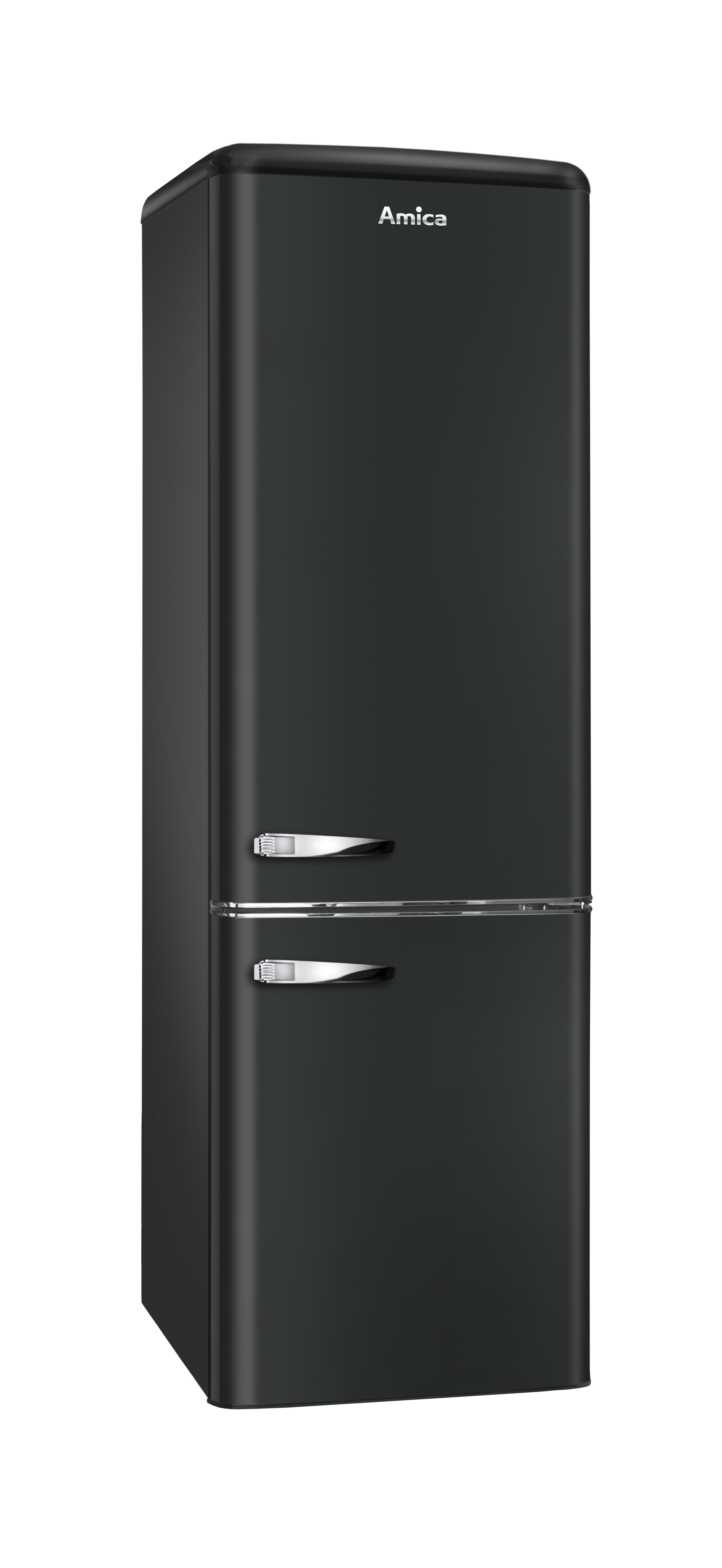 Schwarzer Kühlschrank im Retro-Stil mit zwei silbernen Griffen.