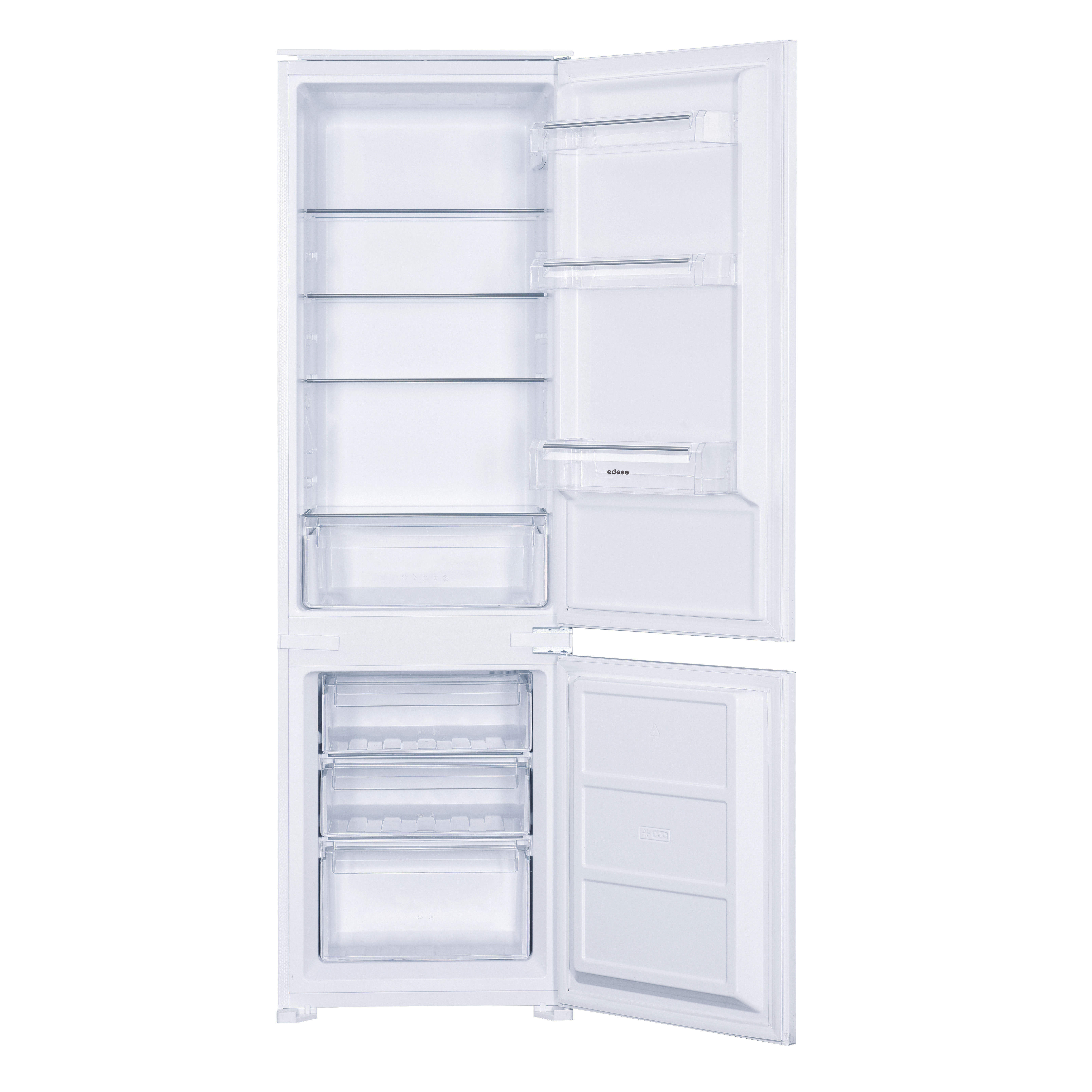 Un refrigerador blanco con ambas puertas abiertas, mostrando estantes, cajones y compartimentos interiores.