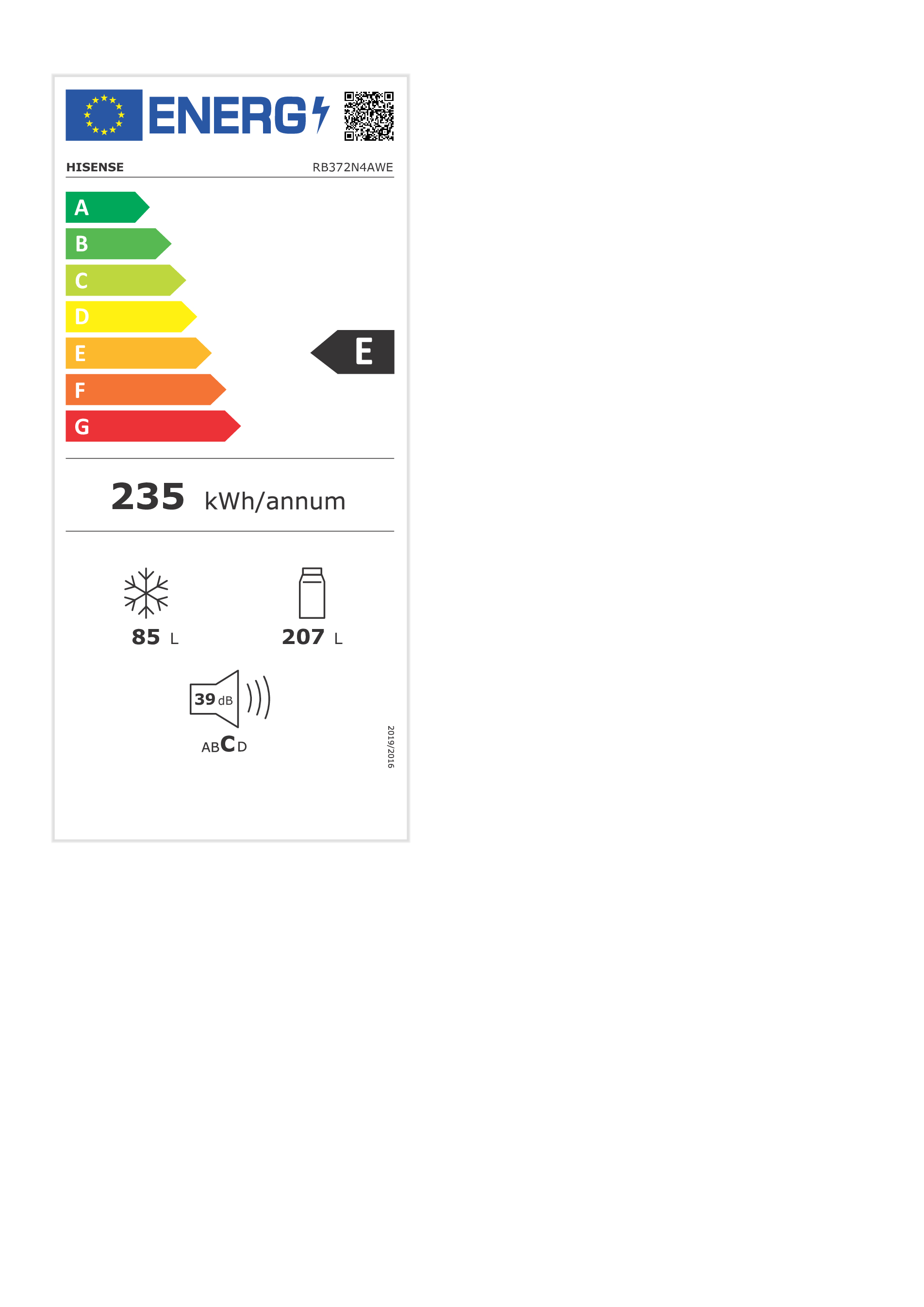 Etykieta energetyczna. Lodówka Hisense. Klasa E, 235 kWh/annum, 85 L, 207 L.