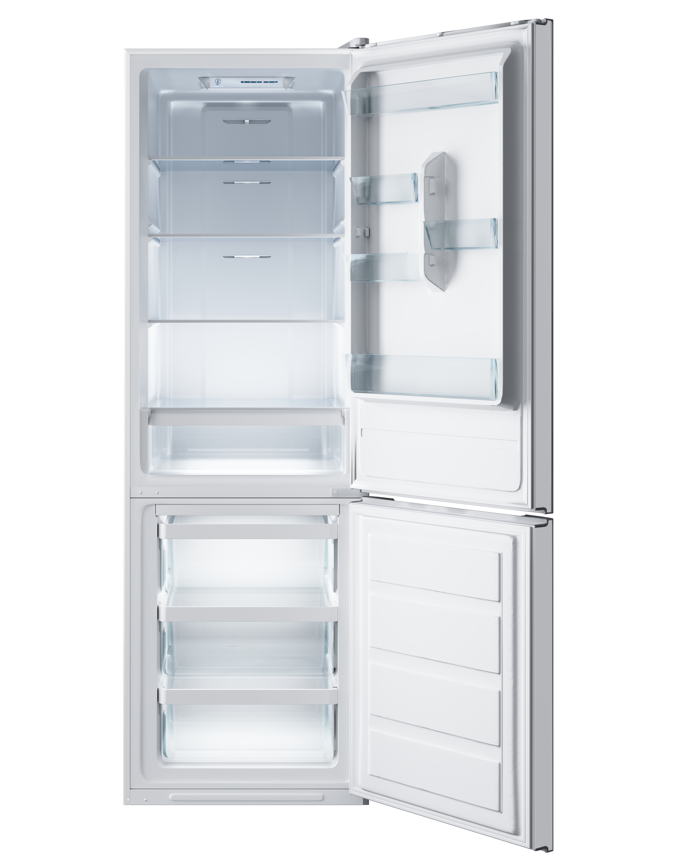 Interior de un refrigerador blanco, abierto, con estantes y cajones.