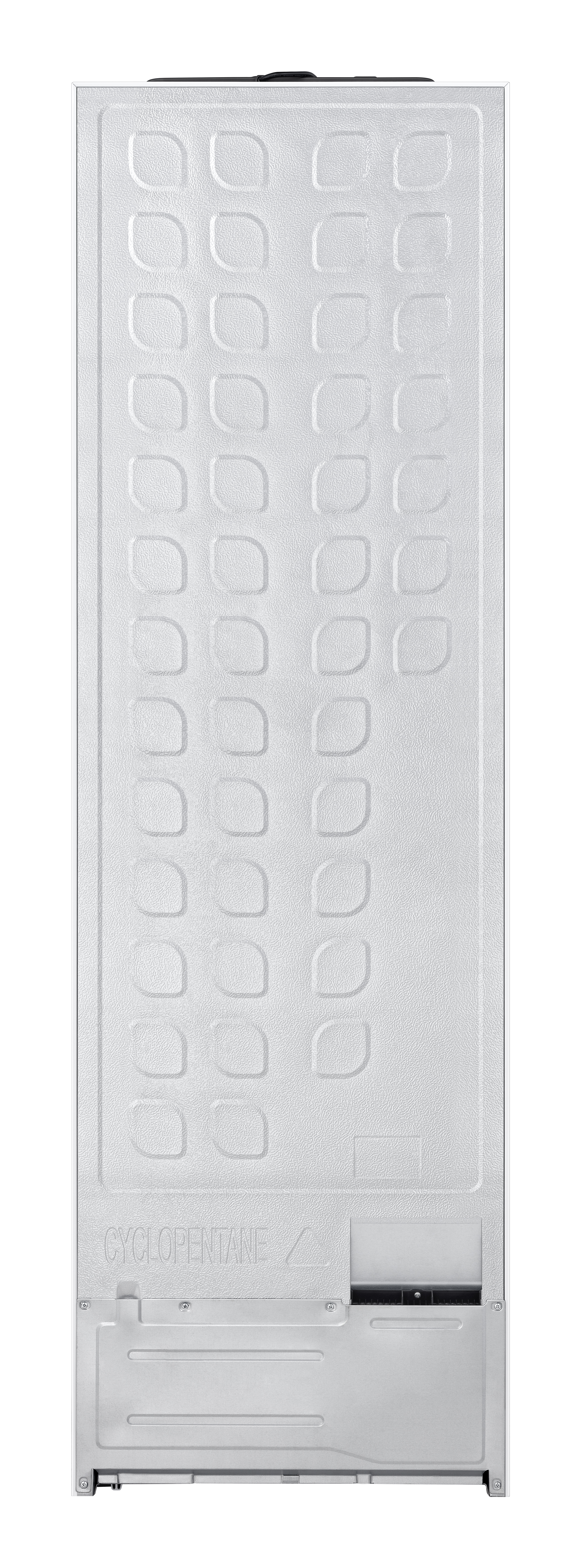 Widok z tyłu lodówki z panelem i otworami wentylacyjnymi, słowo 'CYCLOPENTANE'.