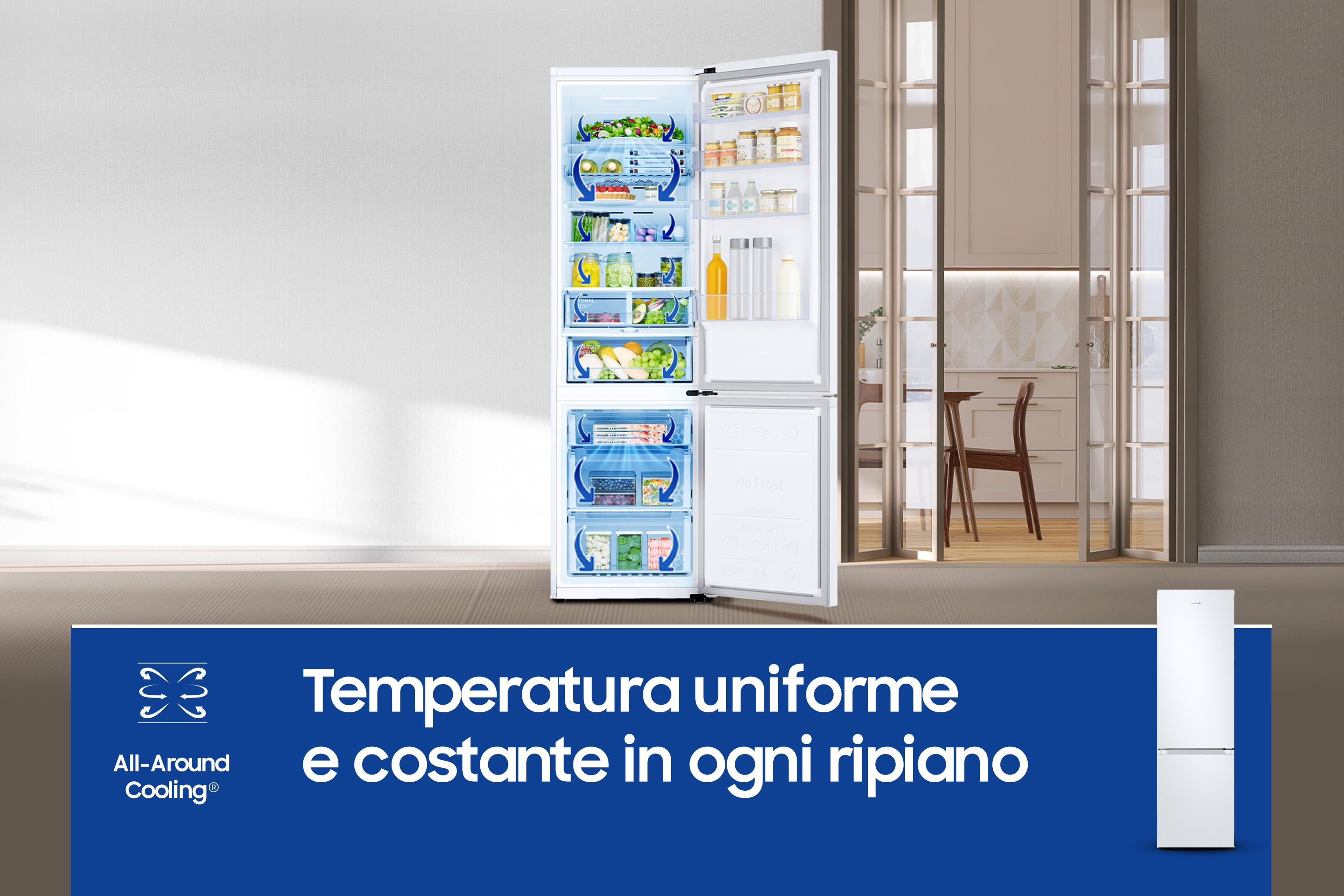 Frigorifero bianco con ante aperte, mostra il contenuto. Testo in basso.