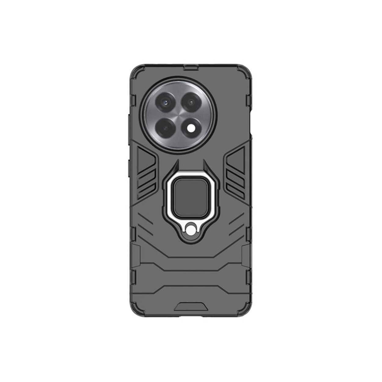 Une coque de téléphone noire avec protecteur d'objectif et anneau de support.
