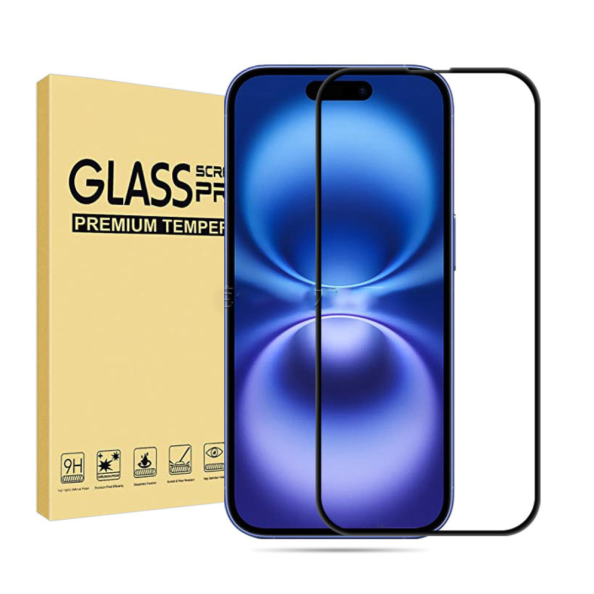 Uno smartphone con protezione schermo con una scatola e una protezione schermo sopra.