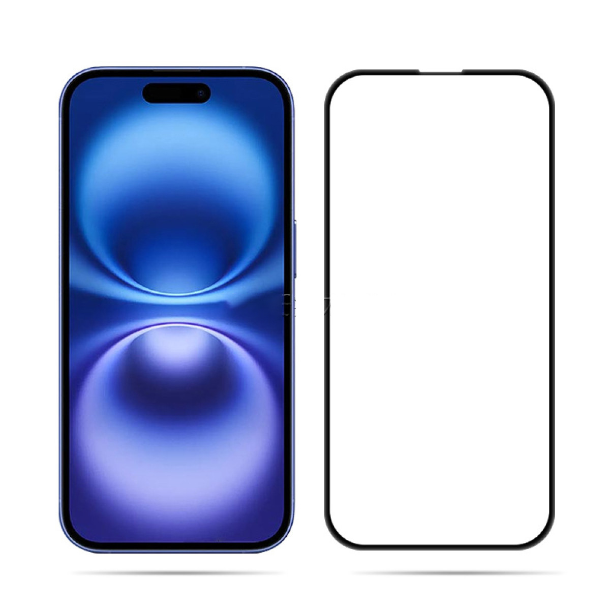 Un telefono blu con una protezione per lo schermo e uno sfondo bianco.