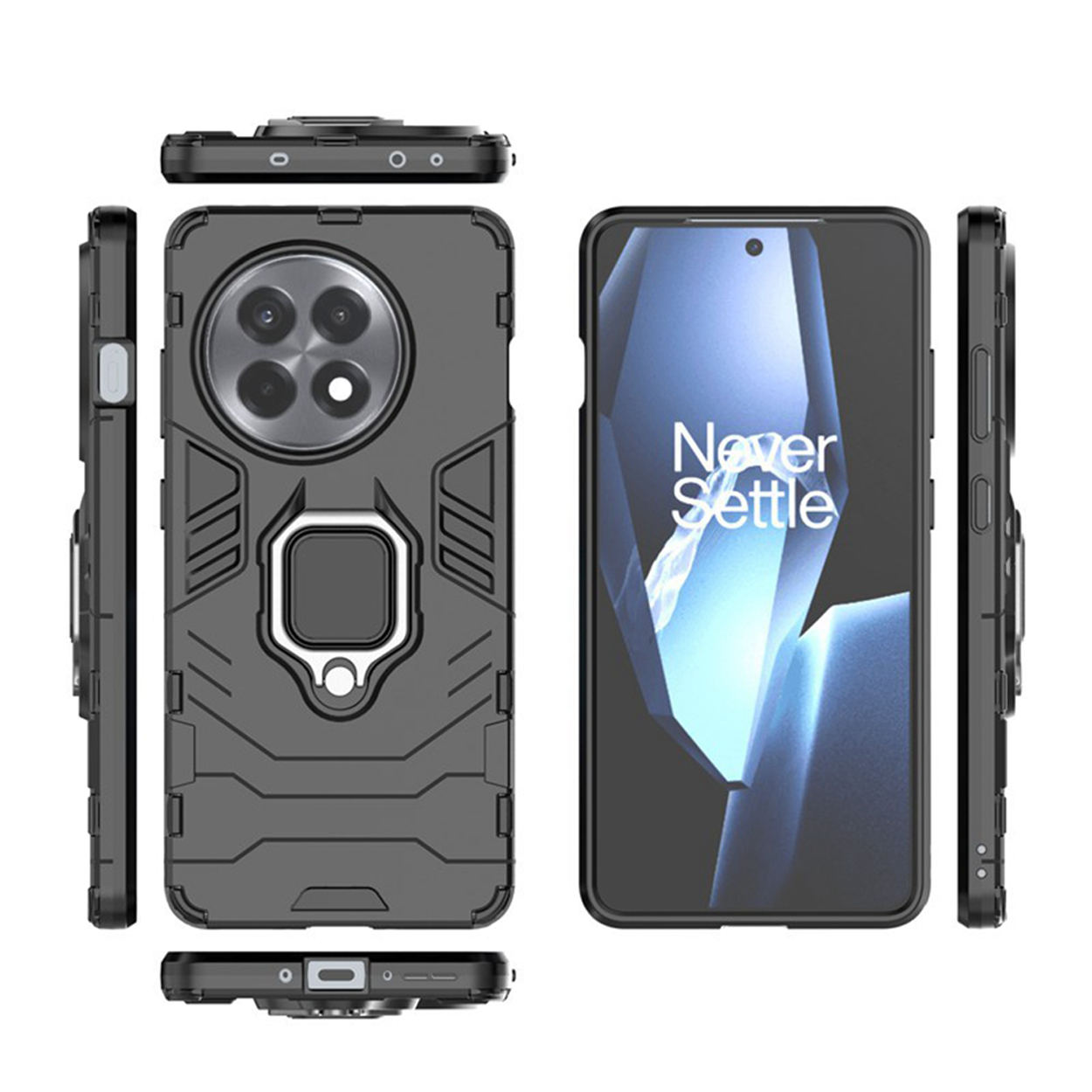 Une coque de téléphone noire avec plusieurs vues. Elle a un support d'anneau et une découpe pour la caméra.