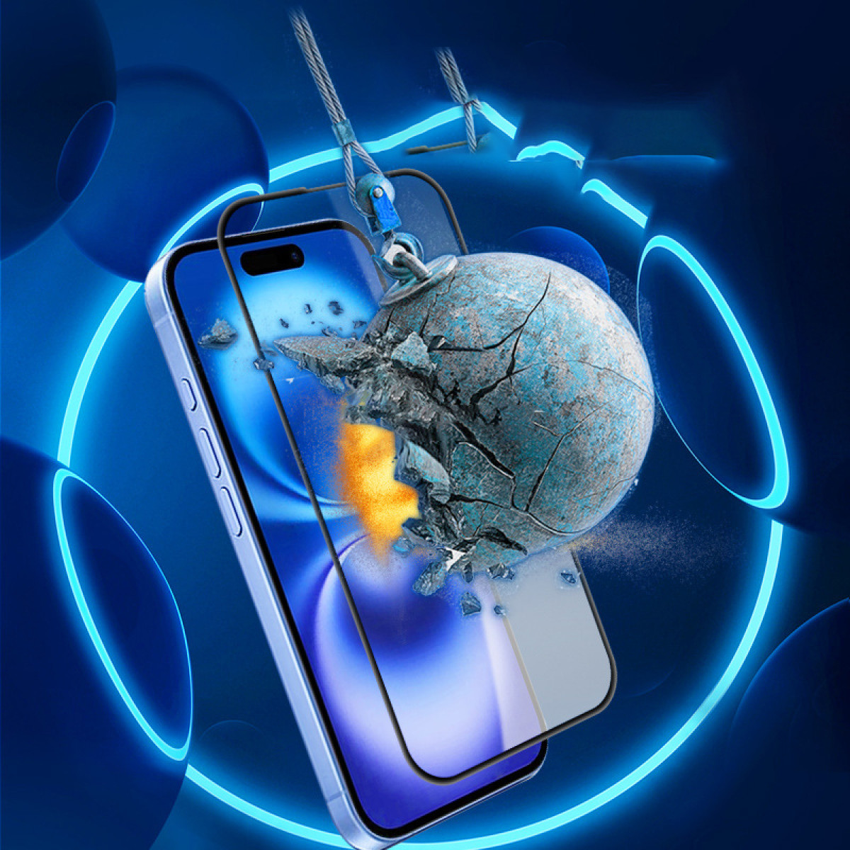 Schermo del telefono con protezione incrinata colpito da una palla demolitrice.