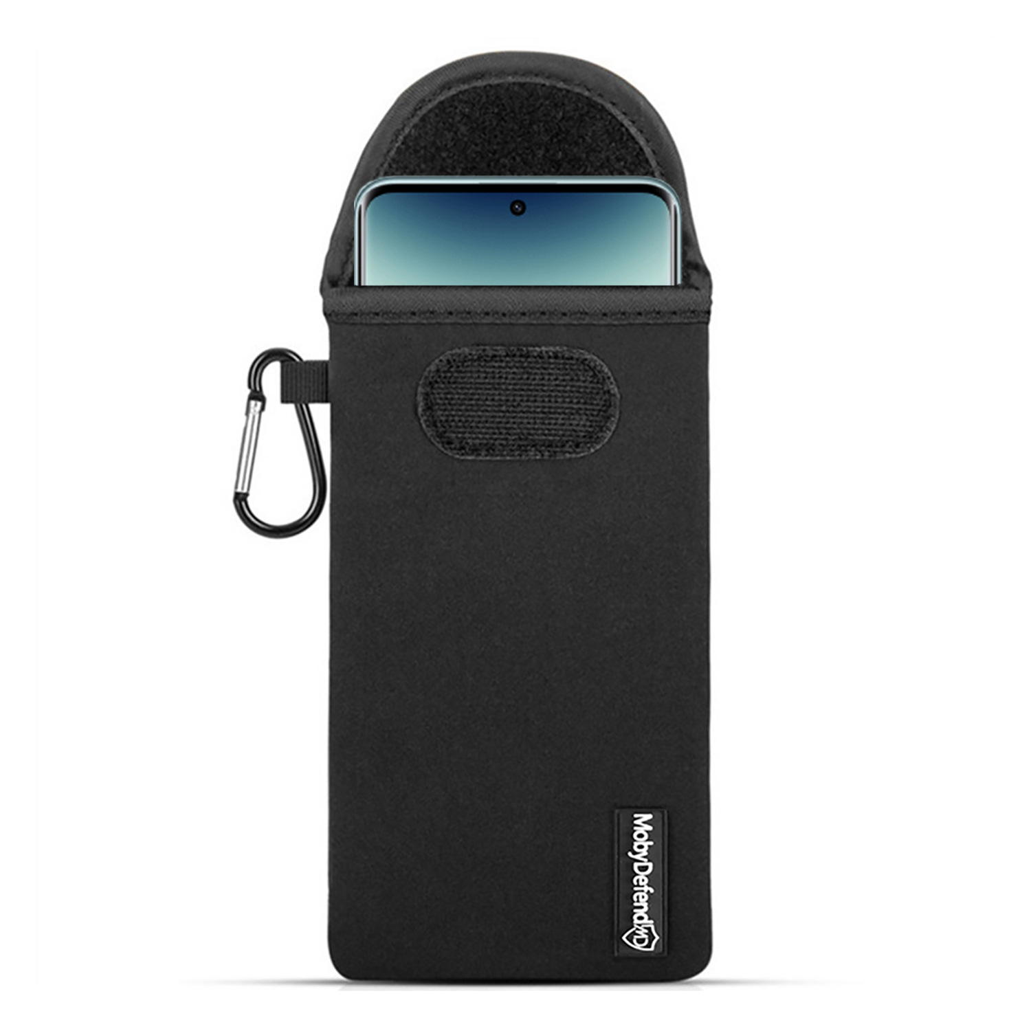 Een zwarte telefoonsleeve met een karabijnhaak. Een telefoon is zichtbaar in de sleeve.