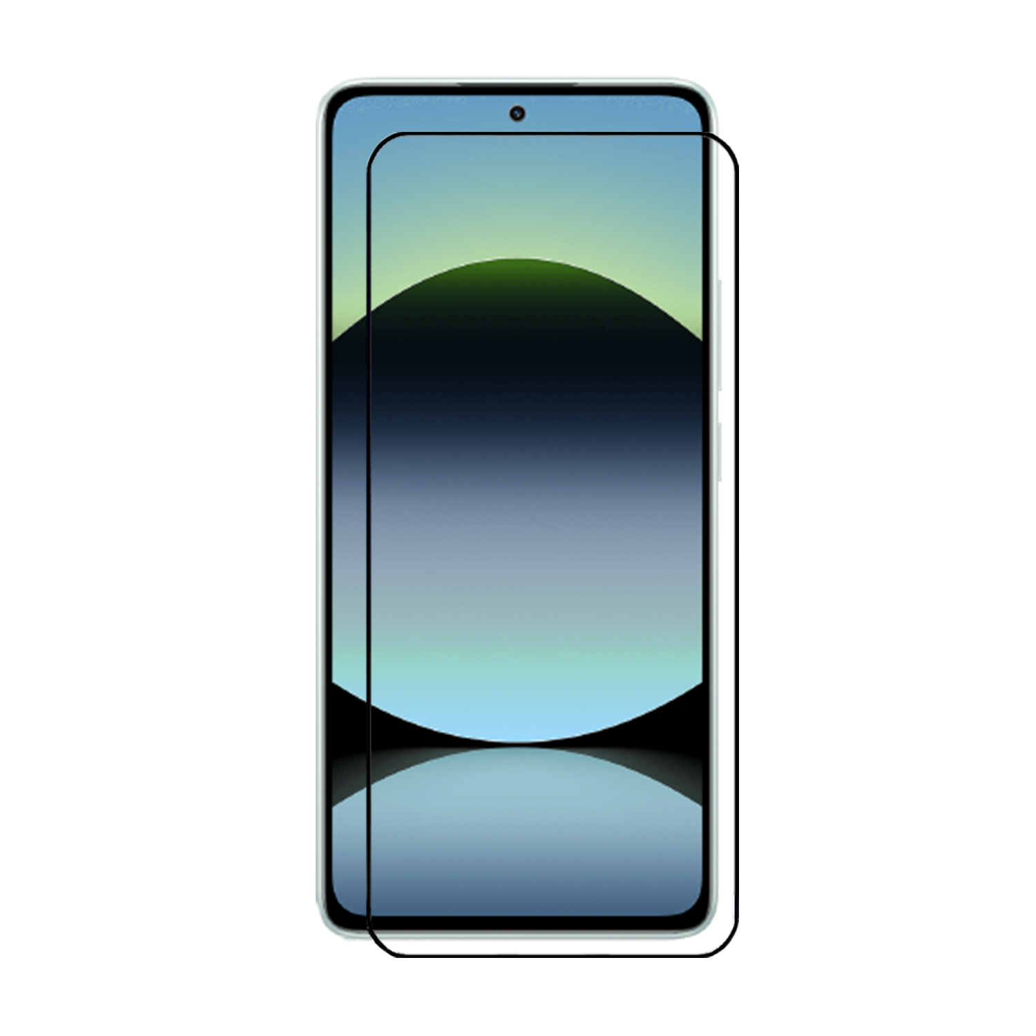 Un smartphone avec un protecteur d'écran, bord noir, sur une surface blanche.
