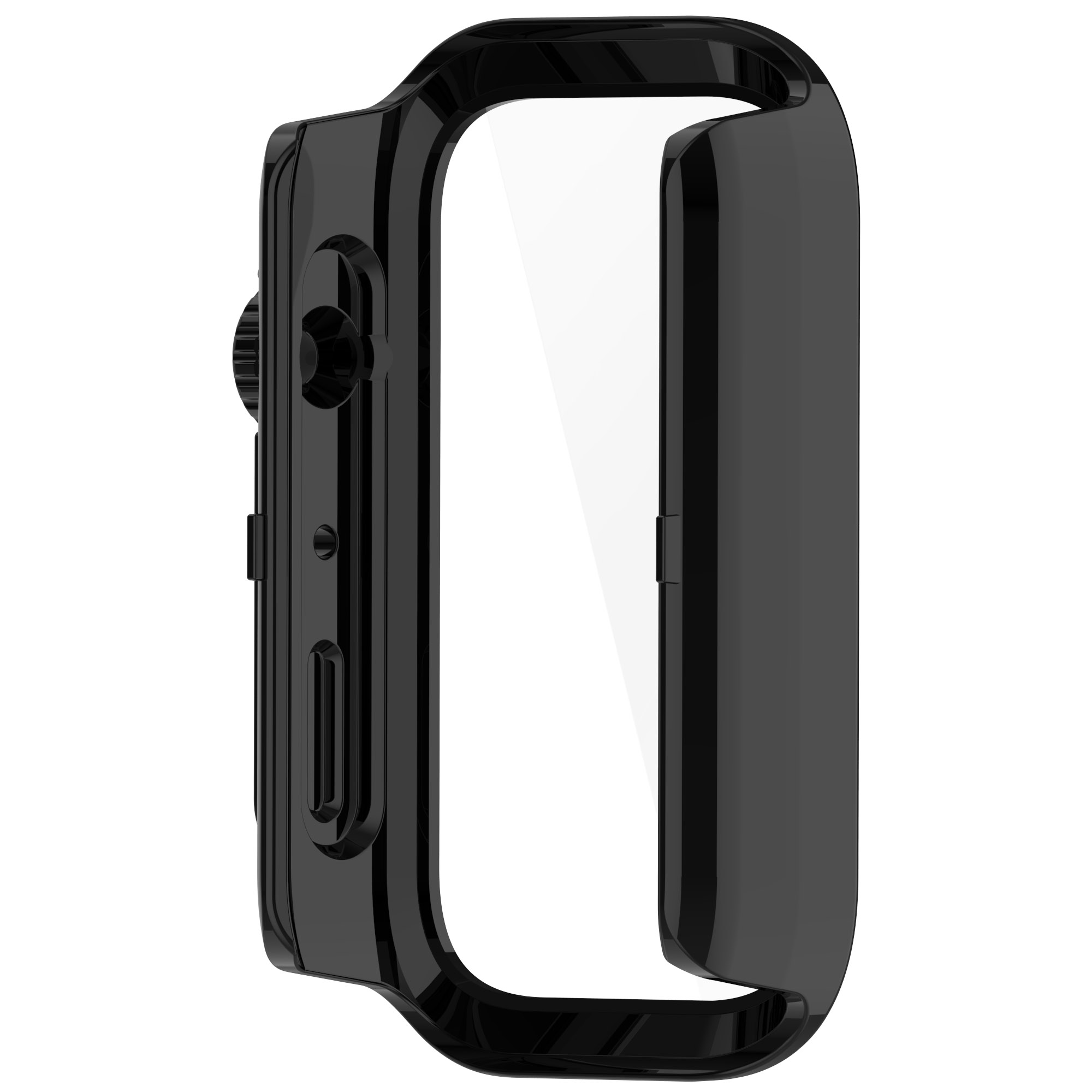 Custodia protettiva nera per smartwatch. Vista laterale, finitura lucida, protezione schermo trasparente.