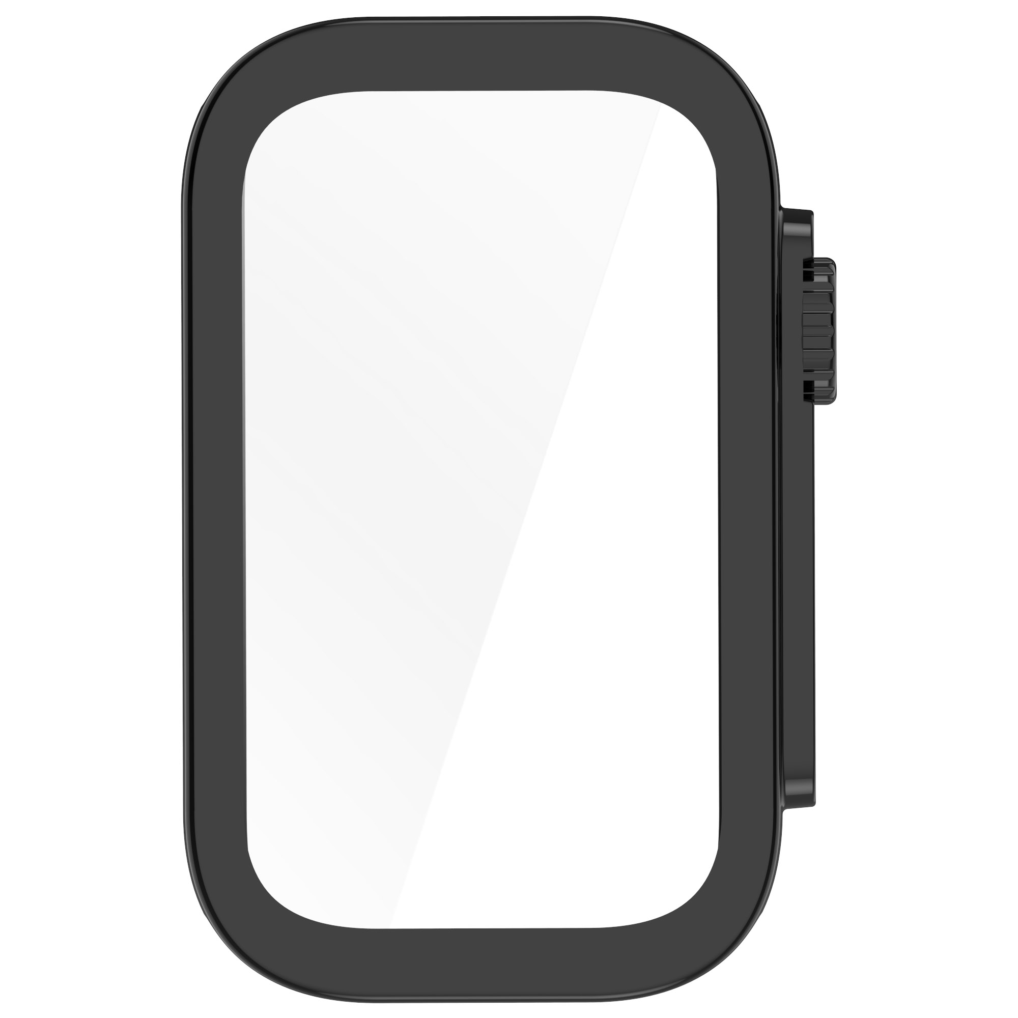 Una custodia protettiva nera e rettangolare per uno smartwatch, vista dall'alto.