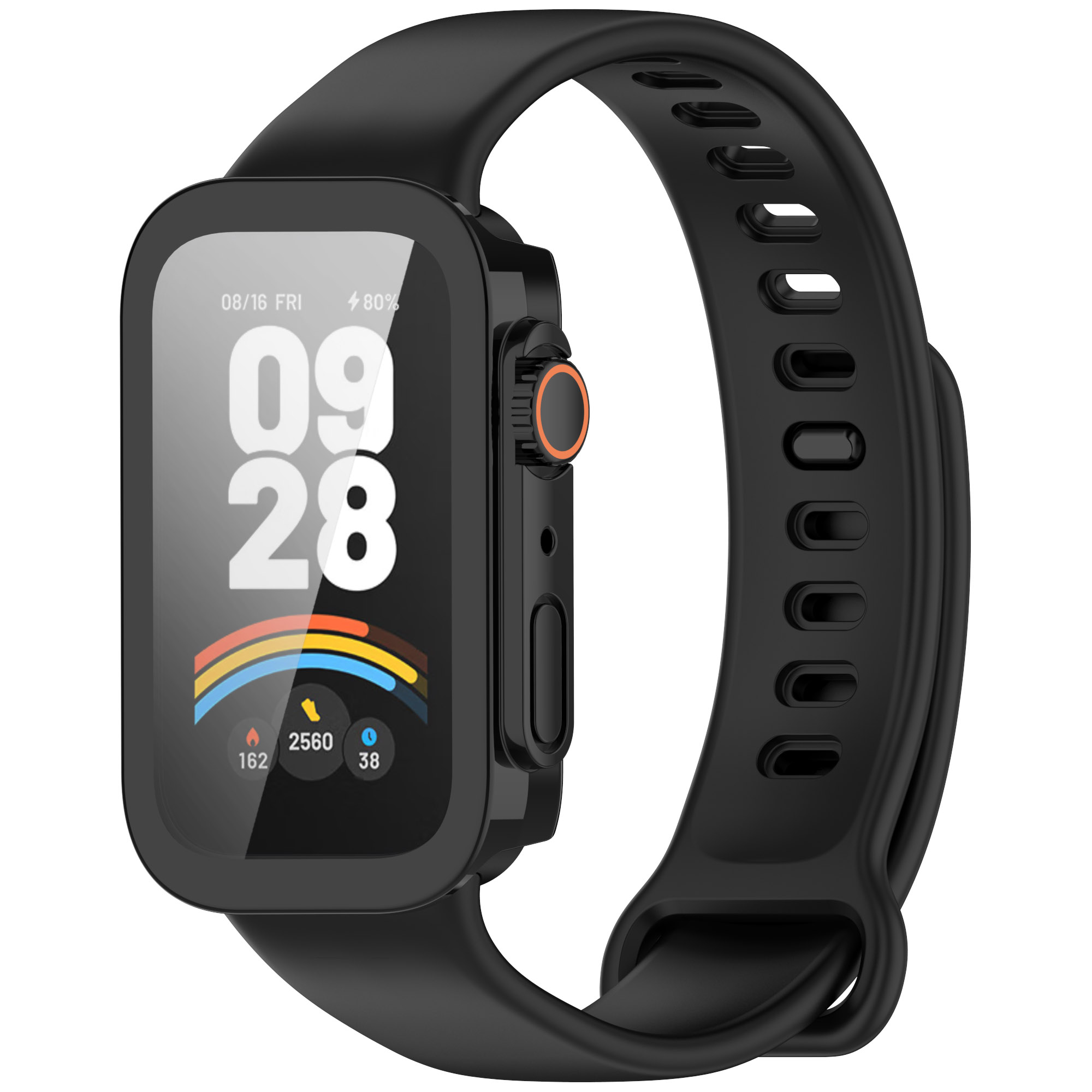 Smartwatch nero con cinturino nero. Lo schermo mostra l'ora e i dati sanitari.