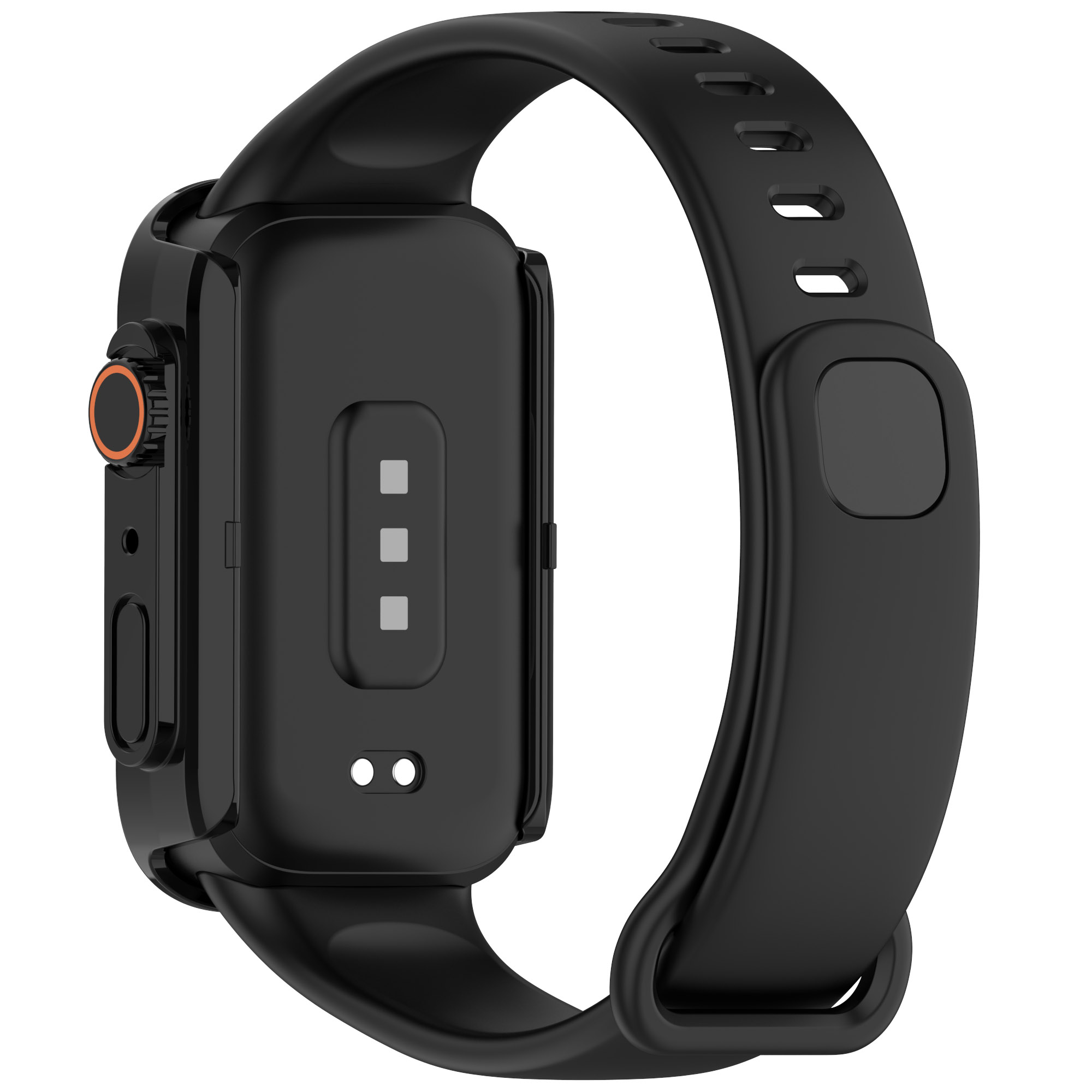 Un cinturino nero per smartwatch con schermo e punti di ricarica.