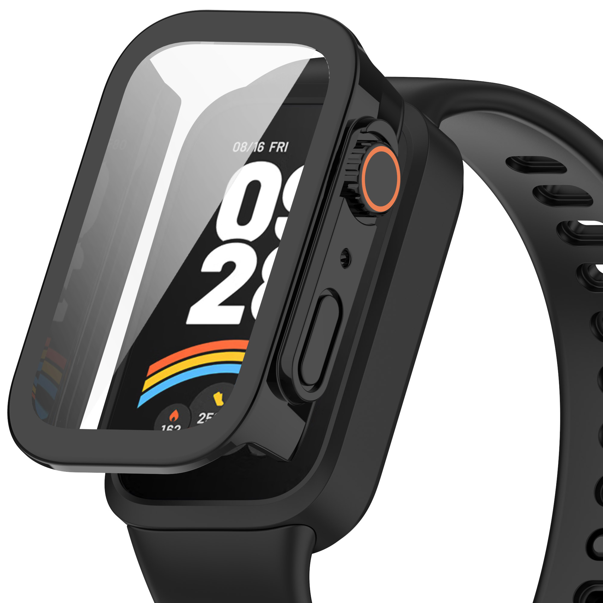 Uno smartwatch con cassa nera e copertura protettiva trasparente, che mostra lo schermo.