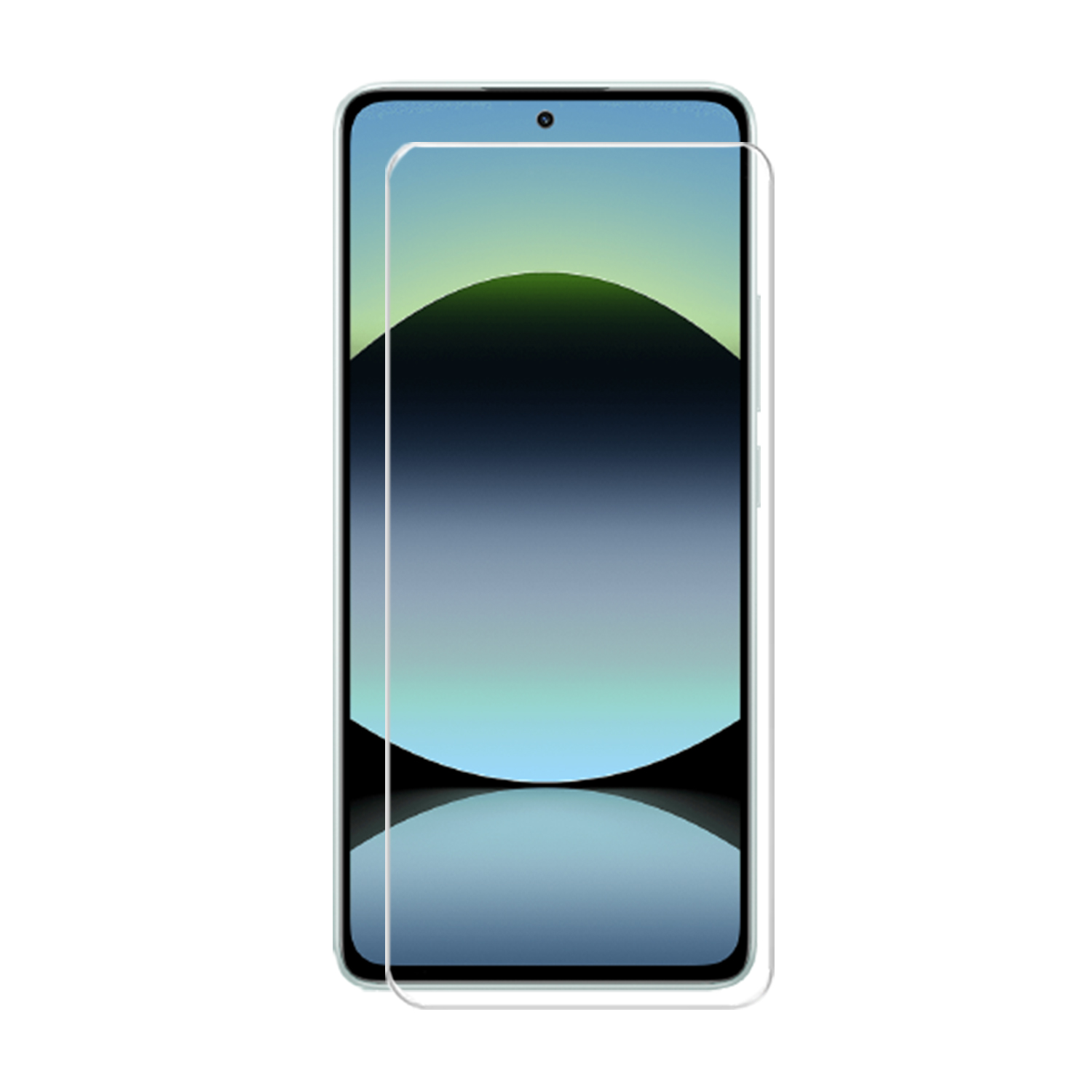 Een schermbeschermer op een telefoon. De achtergrond is wit. Het scherm toont een landschap.