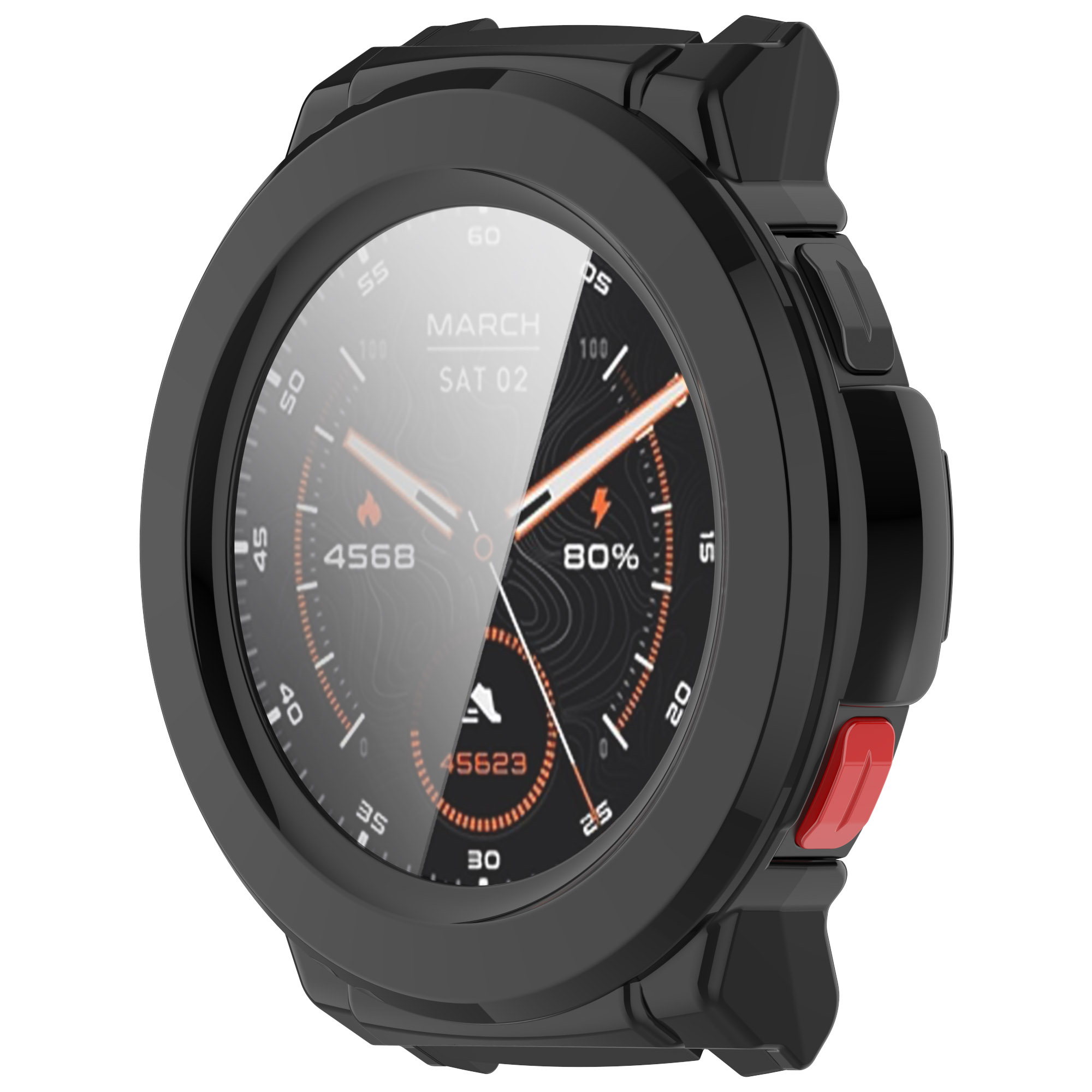 Smartwatch z czarną ramką pokazujący godzinę i inne informacje.