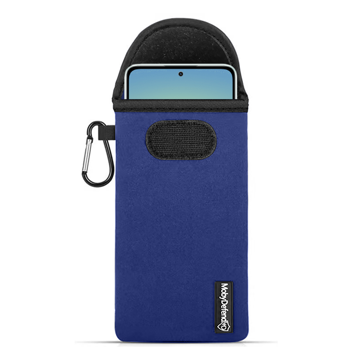 Een blauwe telefoonsleeve met een karabijnhaak. Een telefoon is gedeeltelijk zichtbaar.