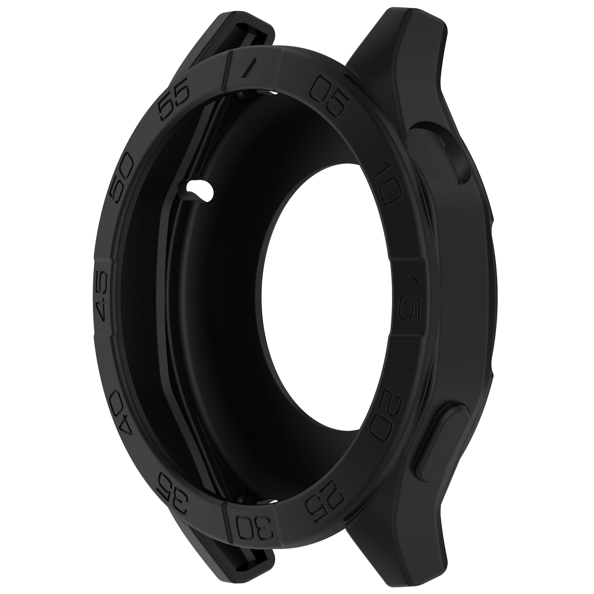 Cassa dell'orologio nera. La parte anteriore è una lunetta con numeri, il retro ha un pulsante.