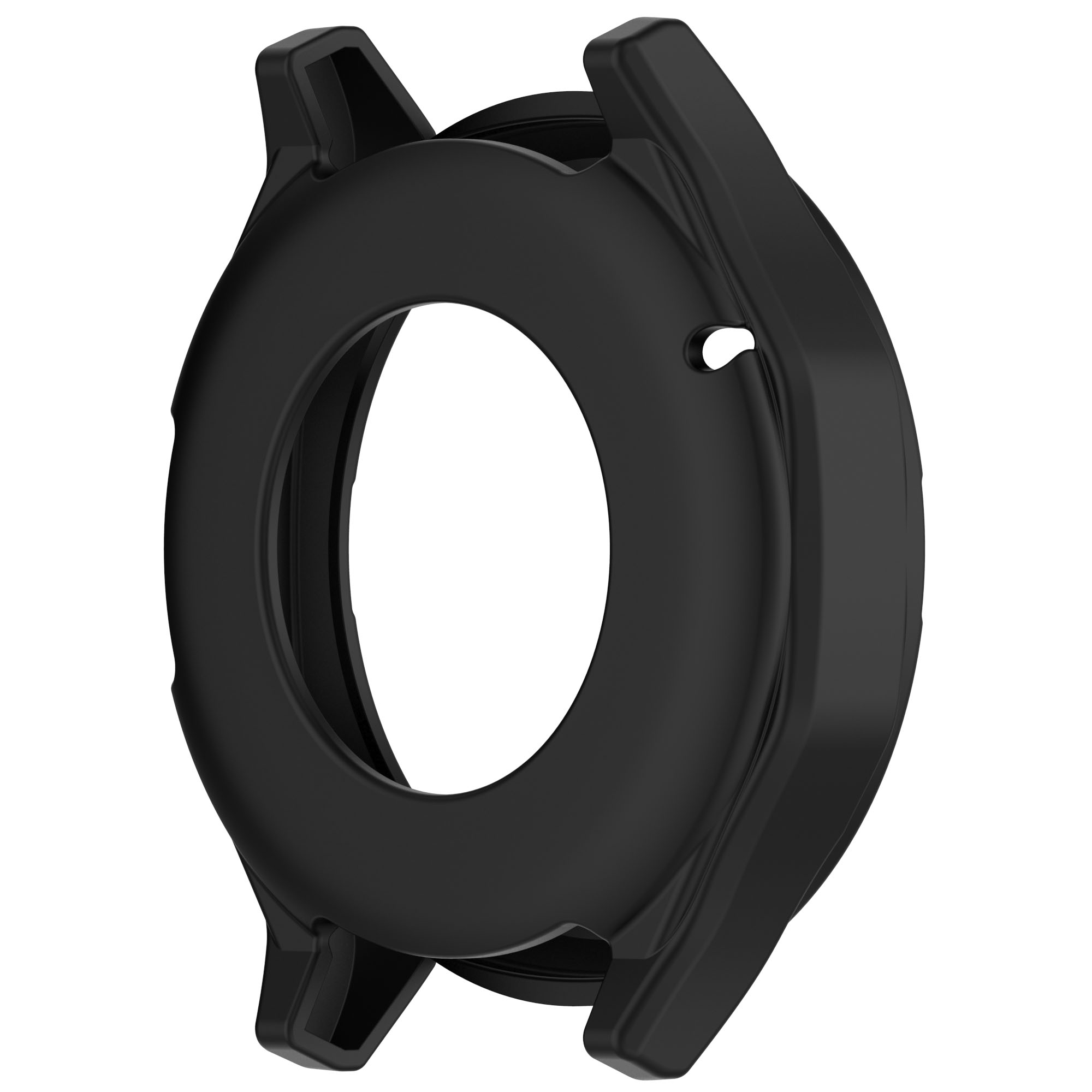 Cassa per smartwatch nera con quadrante bianco che mostra dati sanitari. Un pulsante argentato è visibile sull'orologio.