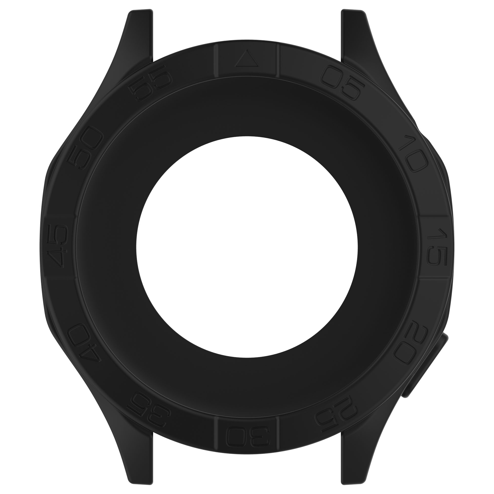 Lunetta orologio nera, con numeri e segni, forma circolare.