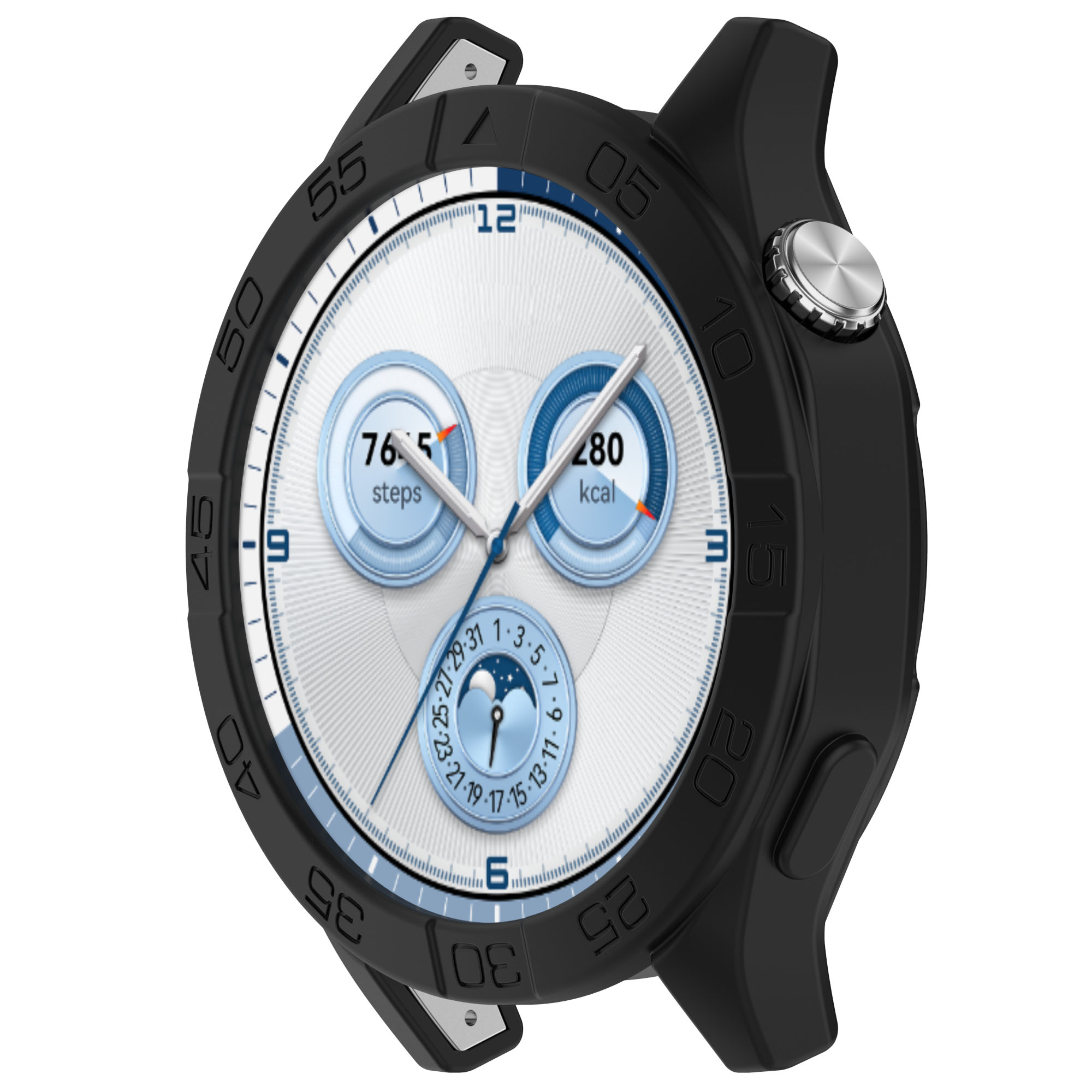 Smartwatch nero con lunetta nera con numeri e quadrante bianco con informazioni.