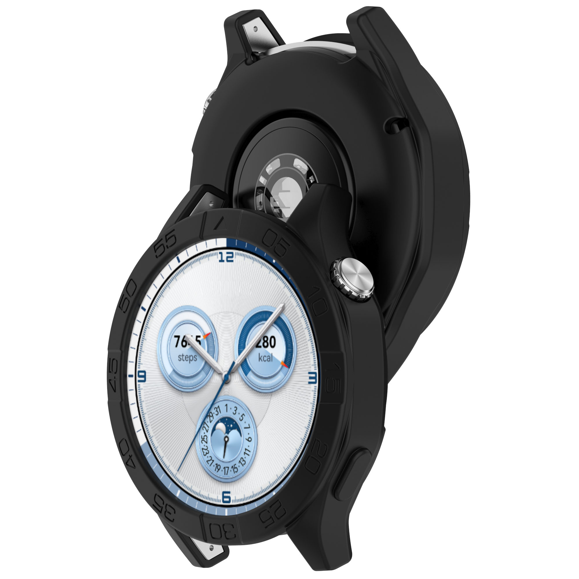 Smartwatch con cassa nera e quadrante bianco con metriche di salute. La cassa mostra l'ora e vari dati.