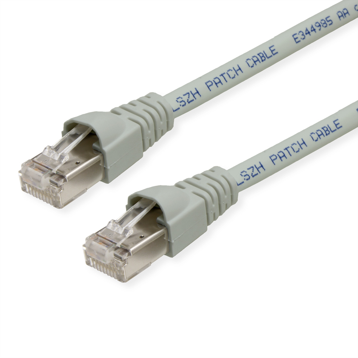 Dwa szare kable sieciowe z wtyczkami, z napisem 'LSZH PATCH CABLE' na białym tle.