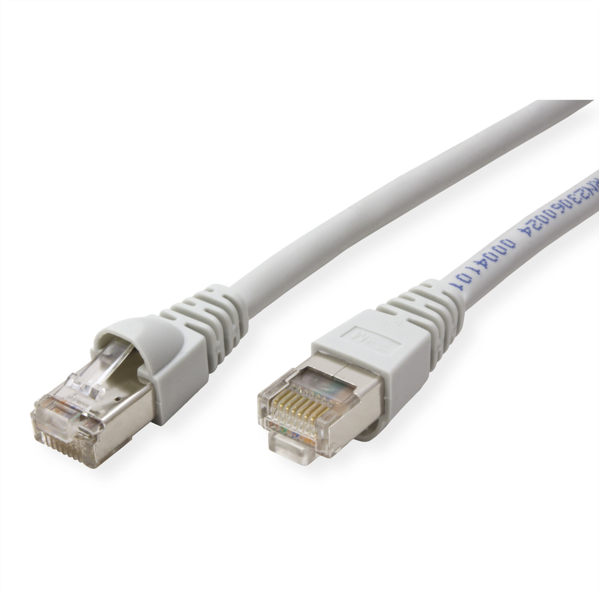 Pokazano dwa szare kable sieciowe ze złączami.