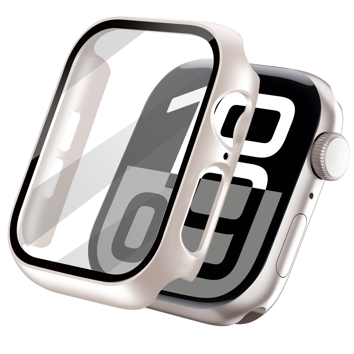 Smartwatch with a protective case and screen protector. The case is a light color.
