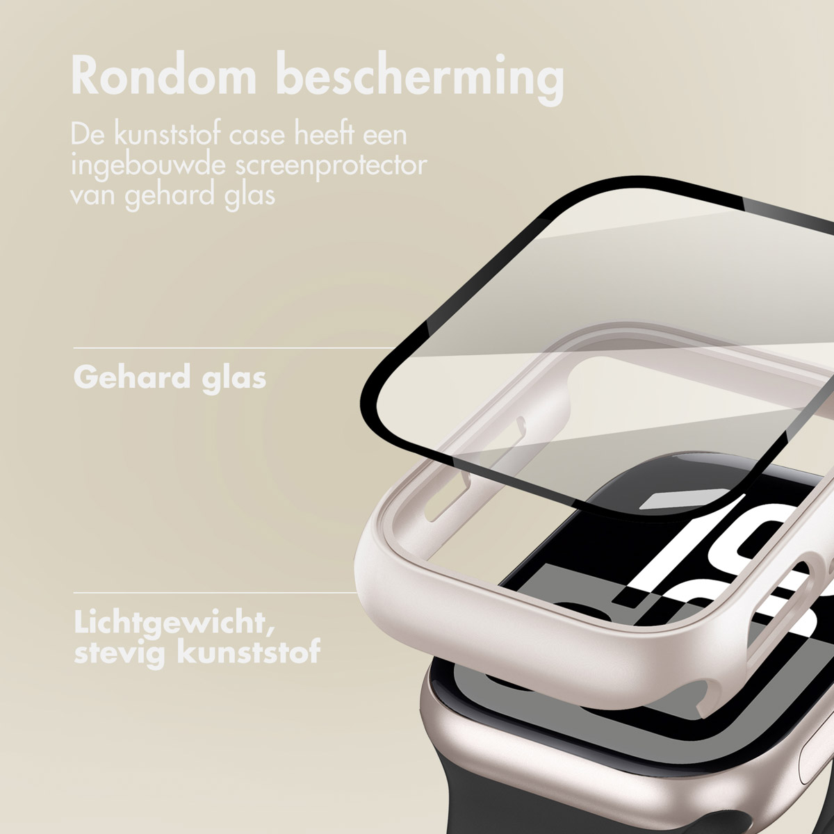 Smartwatch and case with text. Text discusses protection from a case with a screen protector.