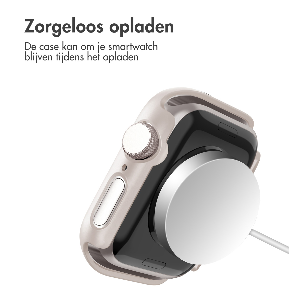 Smartwatch charging on a wireless charger. The case is light color.