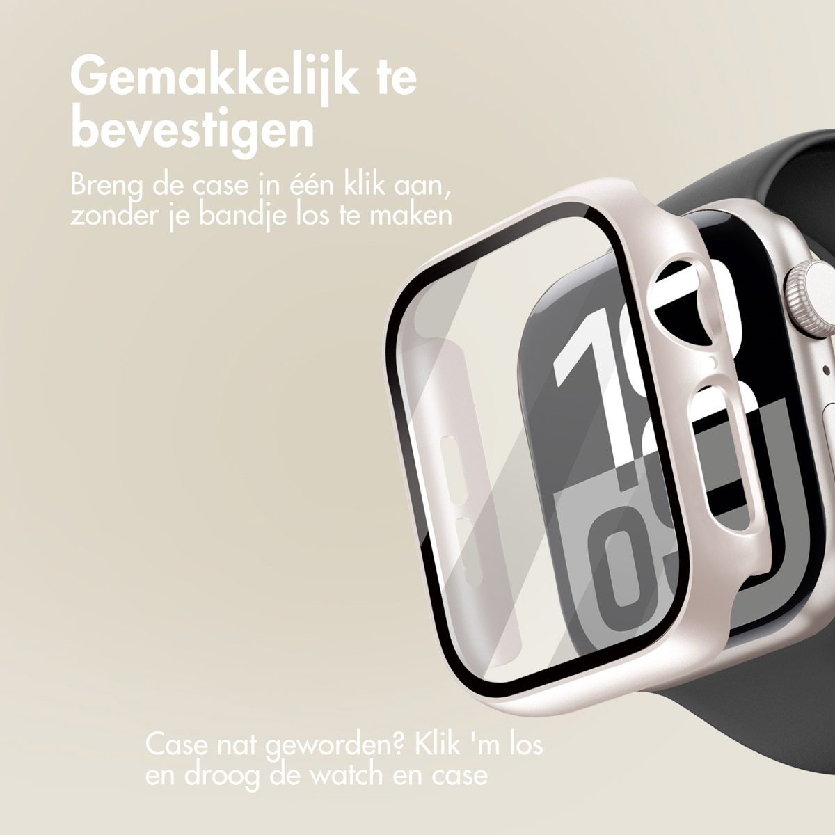 Smartwatch with case being attached. The case is a light color. Text indicates ease.