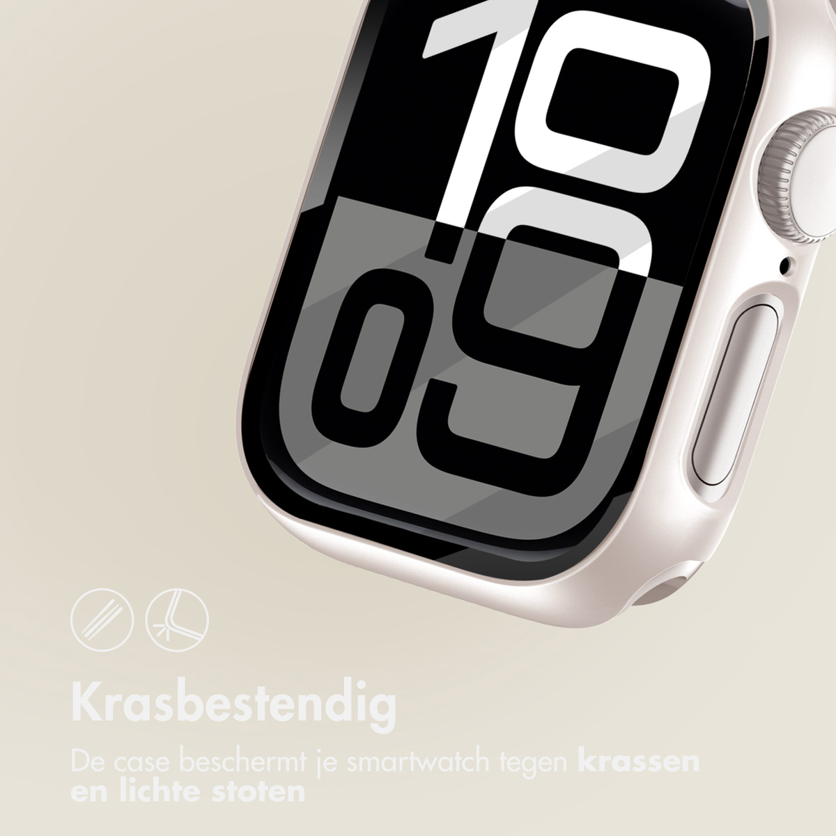 Smartwatch screen with time 10:09. White case and black screen, showing scratch resistance icons.