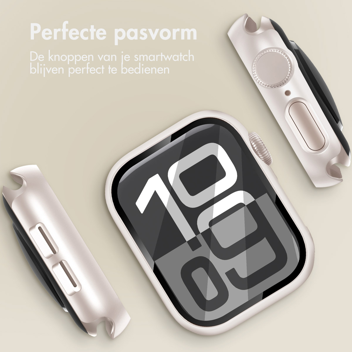 Smartwatch and its case parts, three pieces are displayed. Beige background with watch face showing time.