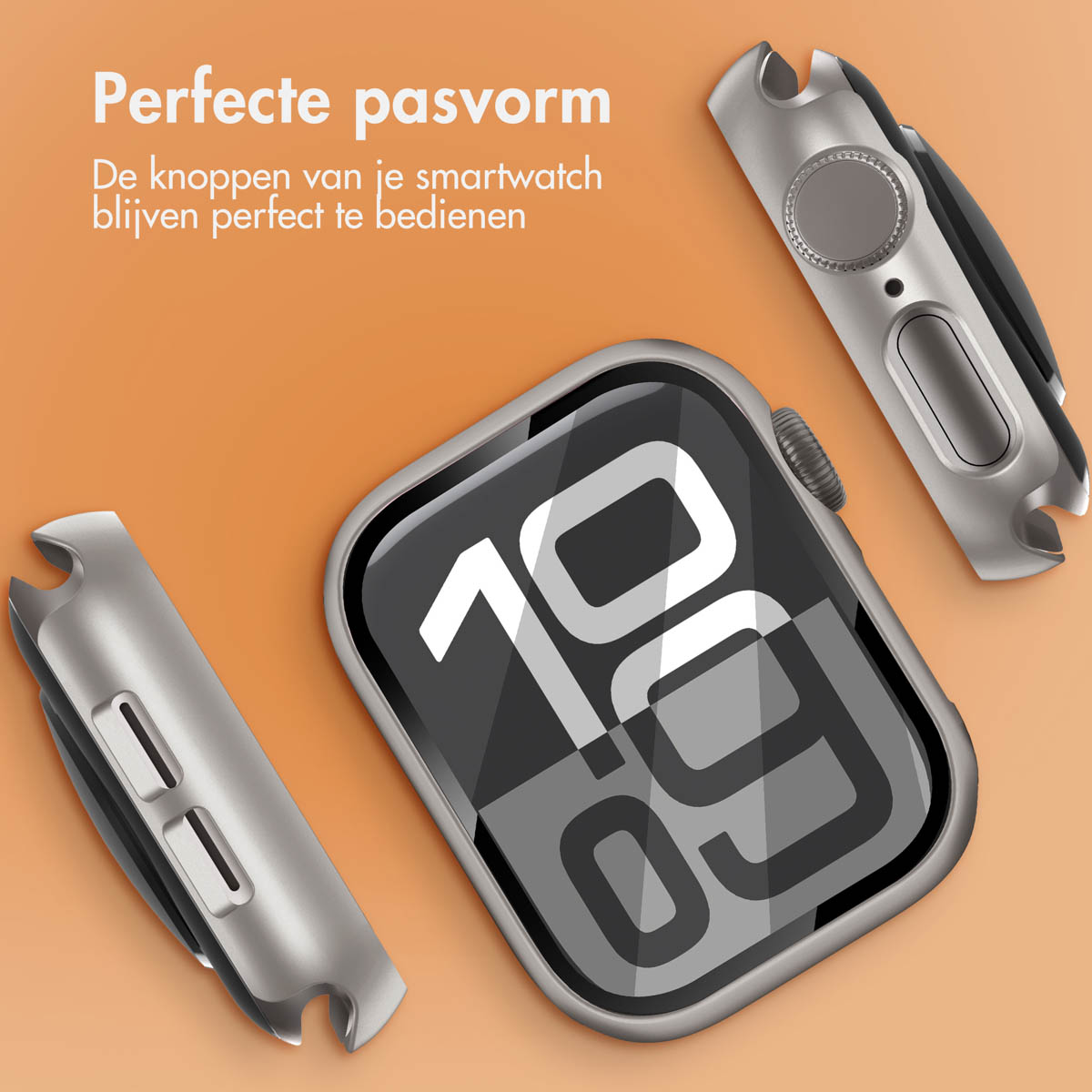 Smartwatch and its case parts, three pieces are displayed. Orange background with watch face showing time.
