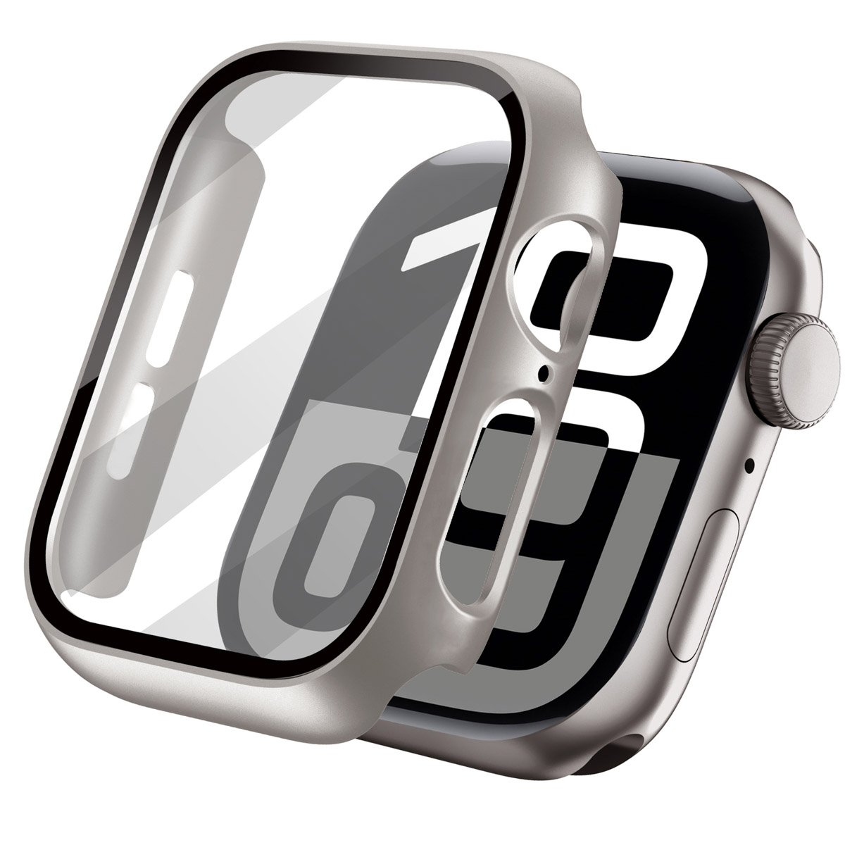 A smartwatch in a silver case, with a transparent screen protector. White background.