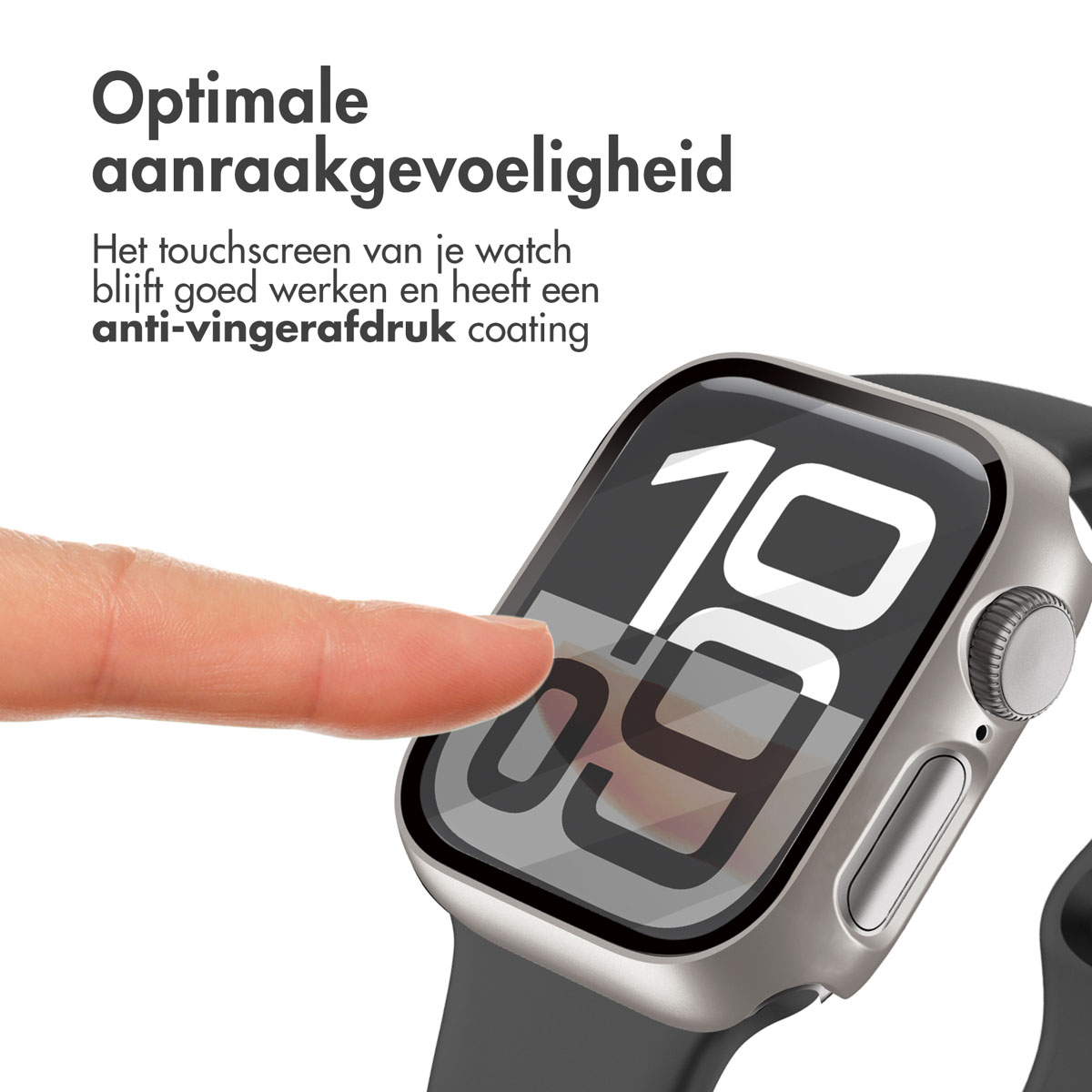 A finger pointing at a smartwatch screen with the time displayed and text about touch.