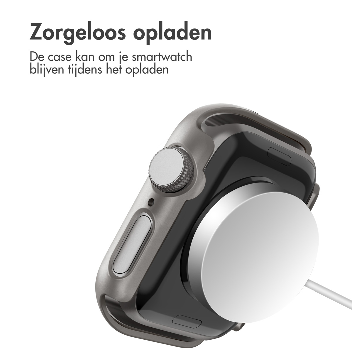 Smartwatch charging. Watch is in a dark case on a white charging pad.