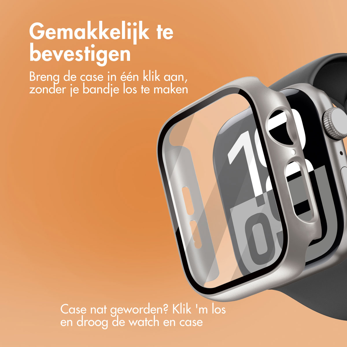 Smartwatch with case, silver-grey. Watch displays time 10:09, on an orange background.