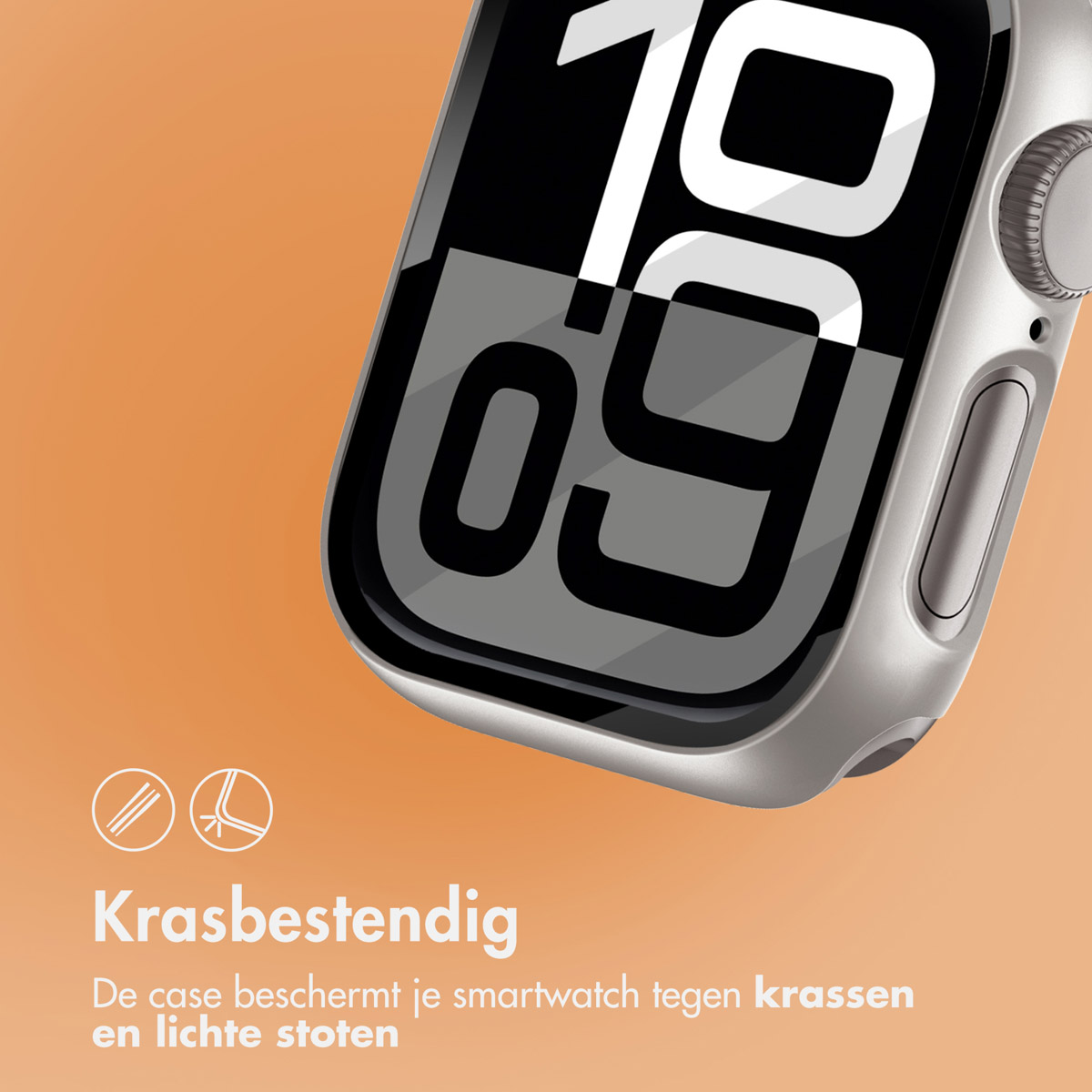 Silver smartwatch displays time on a screen. An orange background is behind the watch.